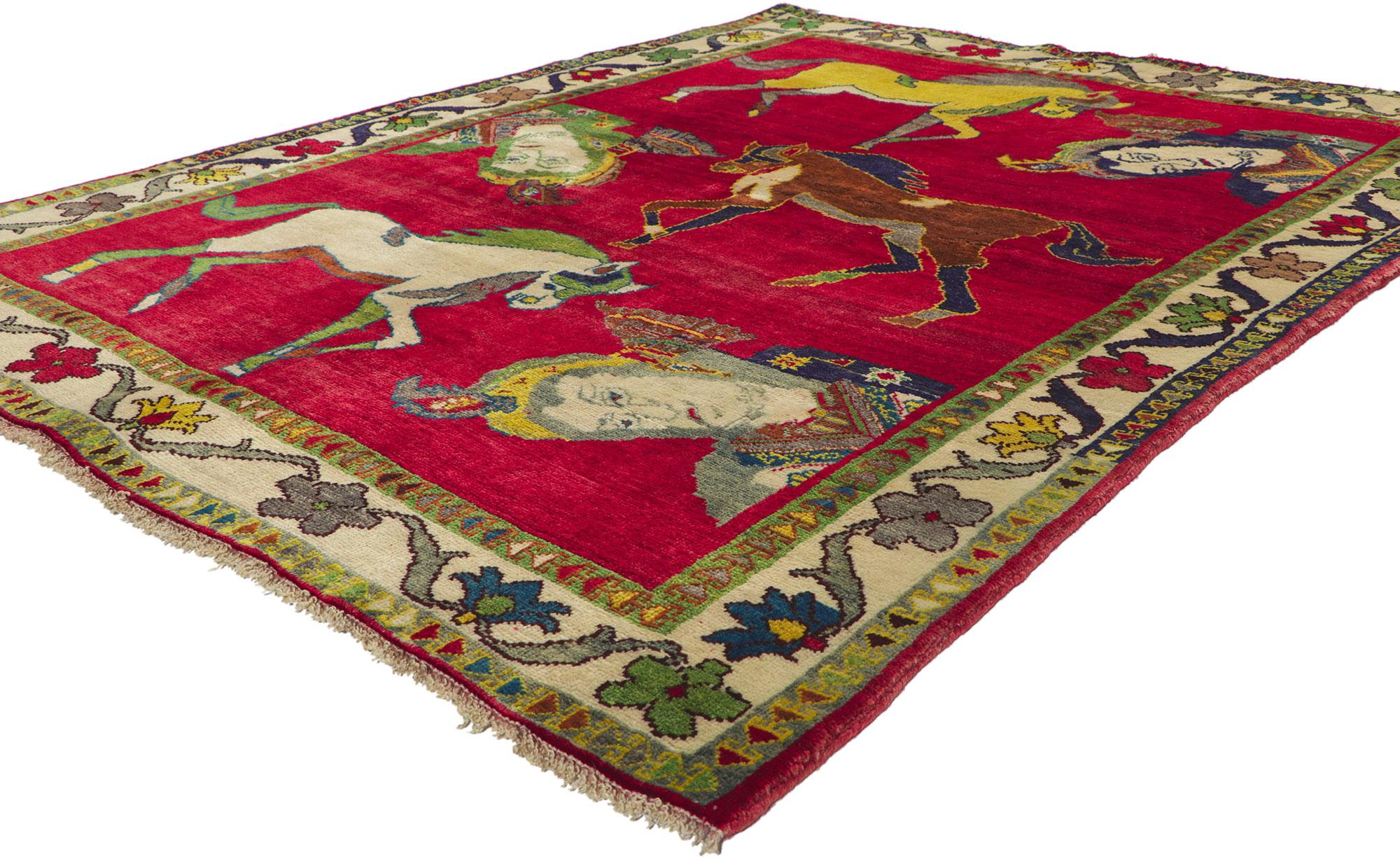 61033 Vintage Persian Shiraz Pictorial Rug, 04'11 x 06'06.
Embark on a whimsical escapade where Global Chic rendezvous with nomadic charm in this hand-knotted wool vintage Persian Shiraz rug—a tribal rug with a tale to tell and a wink to share.