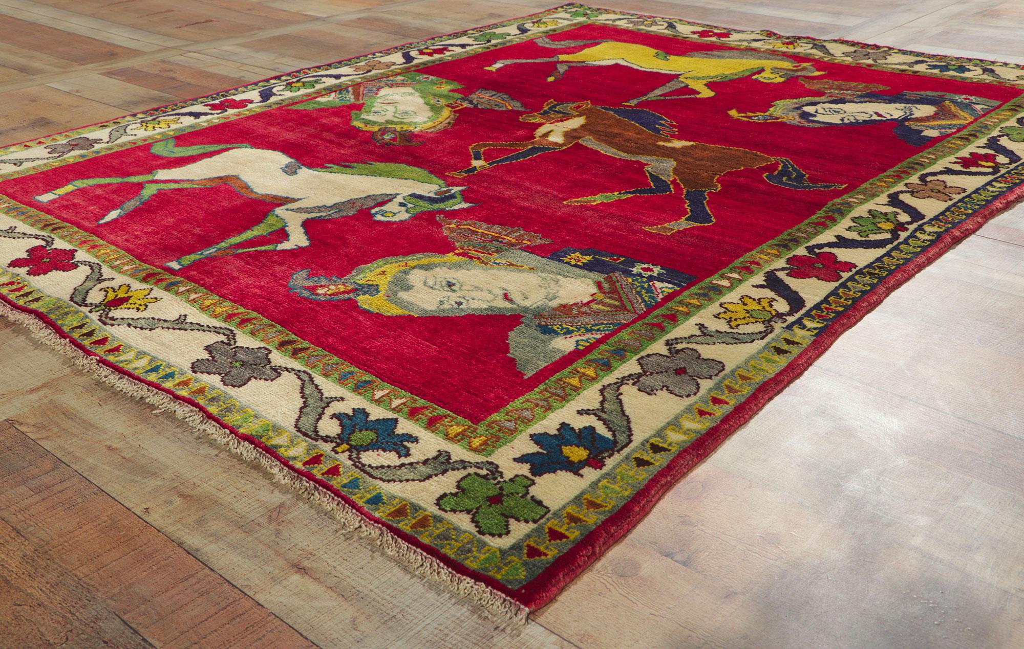 Wool Vintage Persian Shiraz Pictorial Rug, Worldly Sophistication Meets Global Chic For Sale