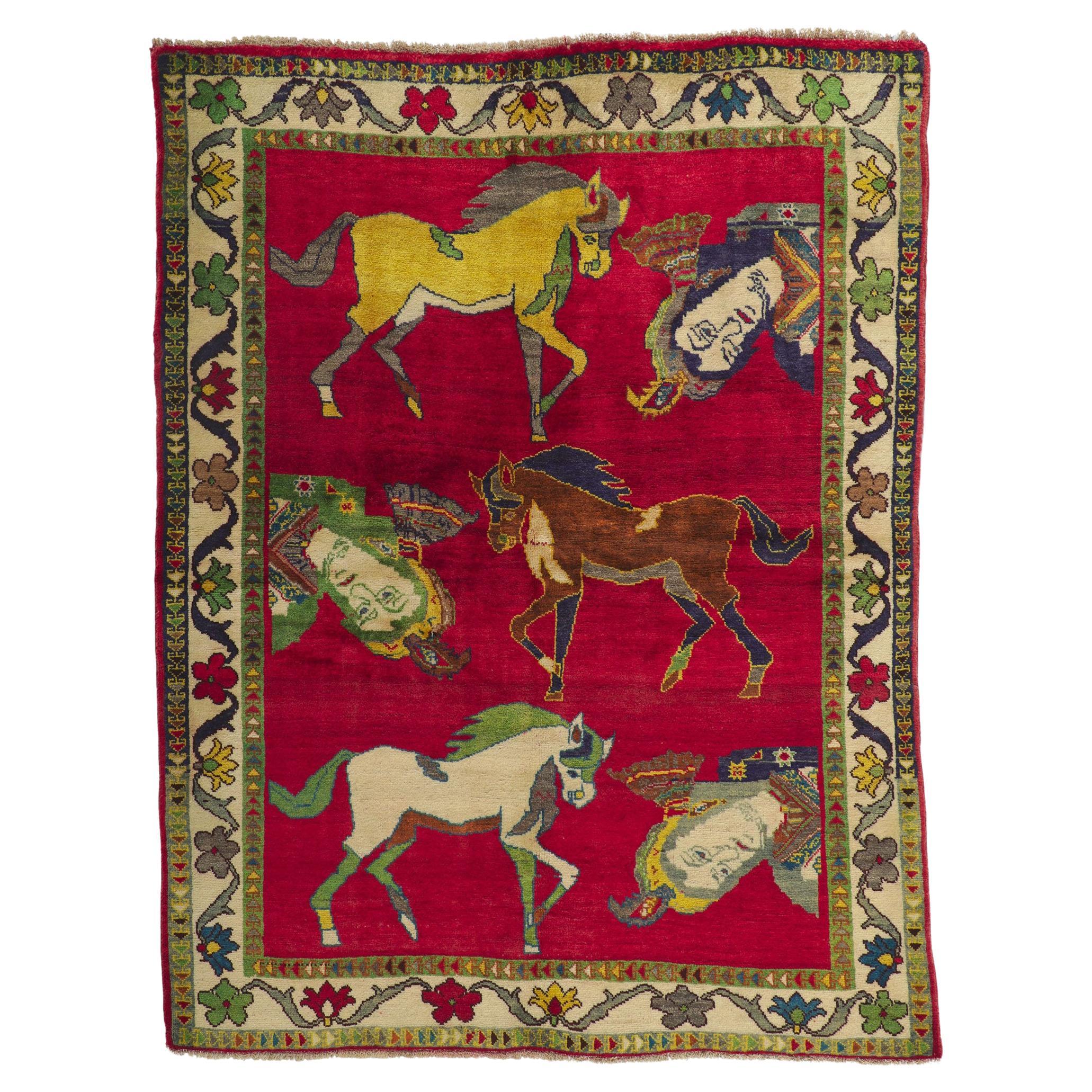 Vintage Persian Shiraz Pictorial Rug, Worldly Sophistication Meets Global Chic For Sale