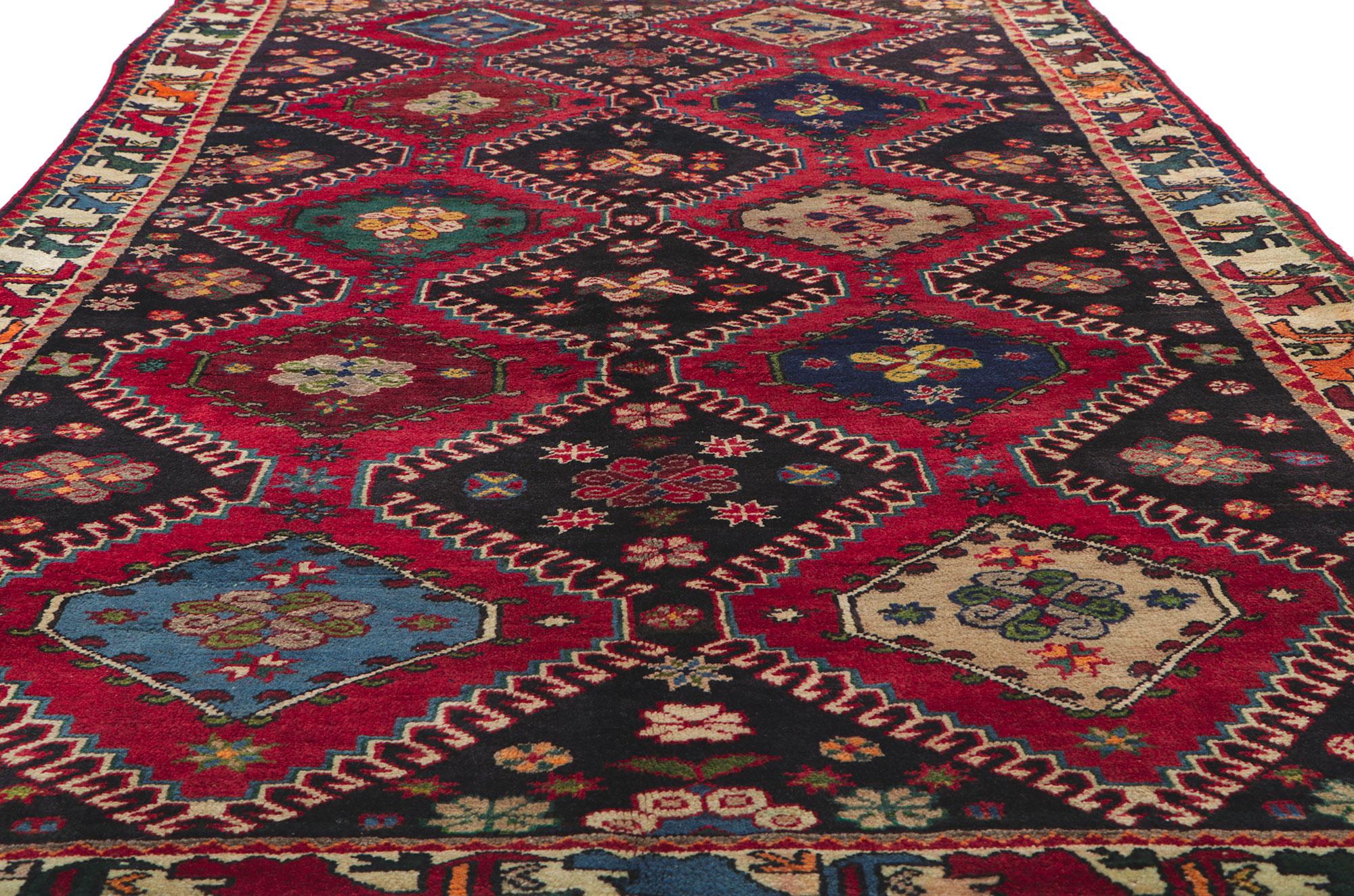 Hand-Knotted Vintage Persian Shiraz Rug, Tribal Enchantment Meets Modern Masculine Appeal For Sale