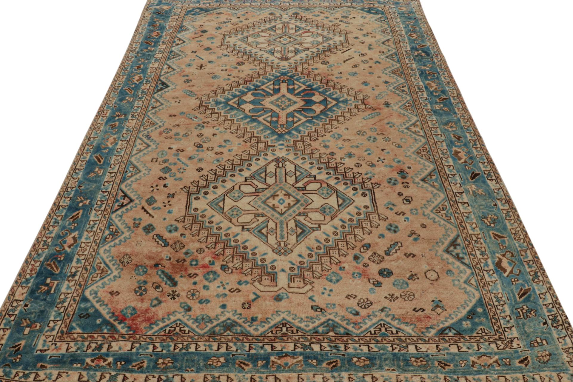 Hand-Knotted Vintage Persian Shiraz rug in Beige-Brown & Blue Floral Patterns by Rug & Kilim For Sale