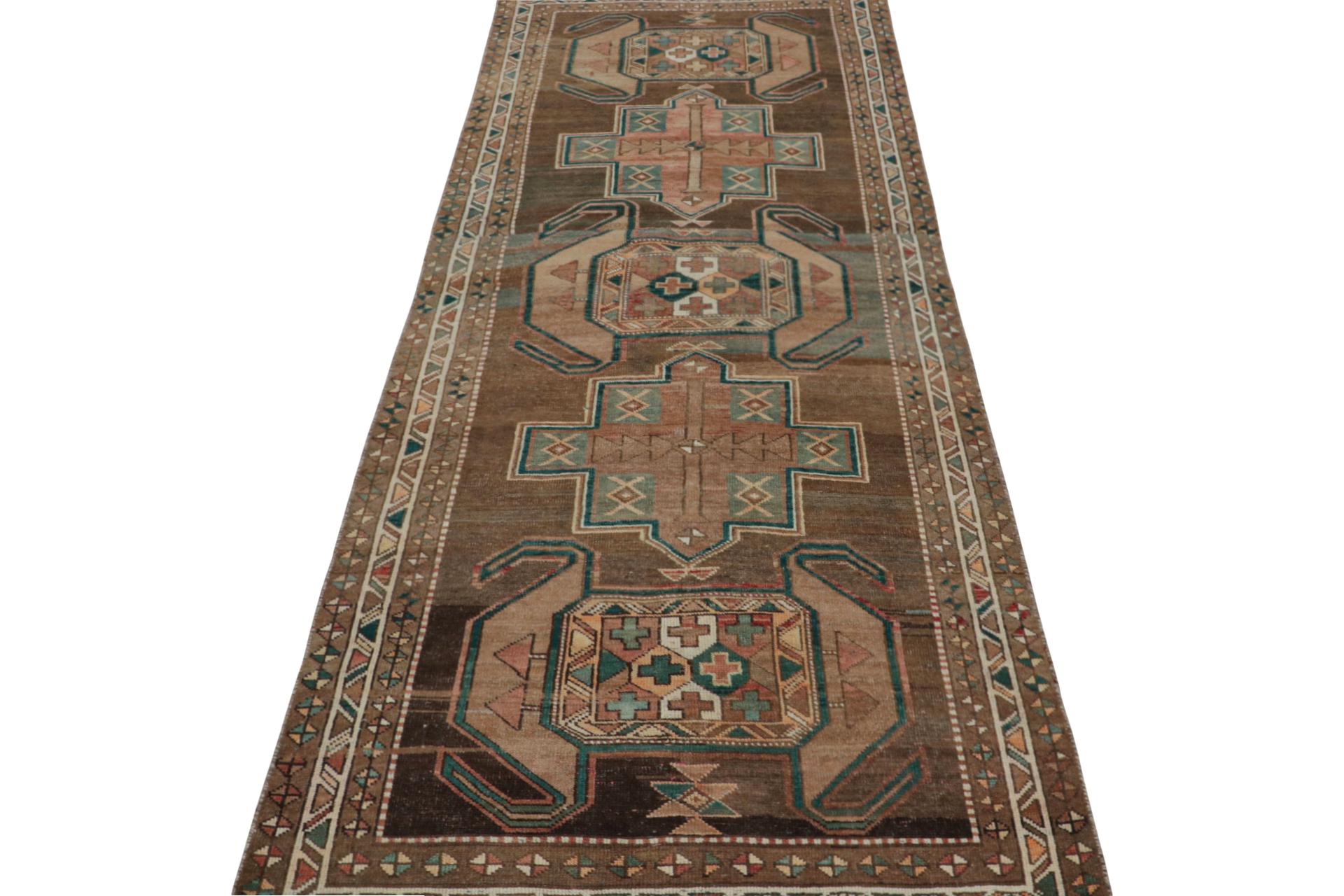 Hand-Knotted Vintage Persian Shiraz rug in Beige, Brown & Blue Tribal Patterns by Rug & Kilim For Sale