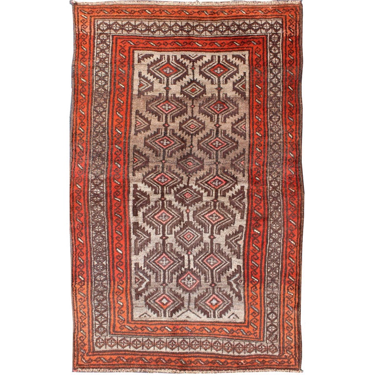 Vintage Persian Shiraz Rug in Burnt Orange and Brown with Tribal