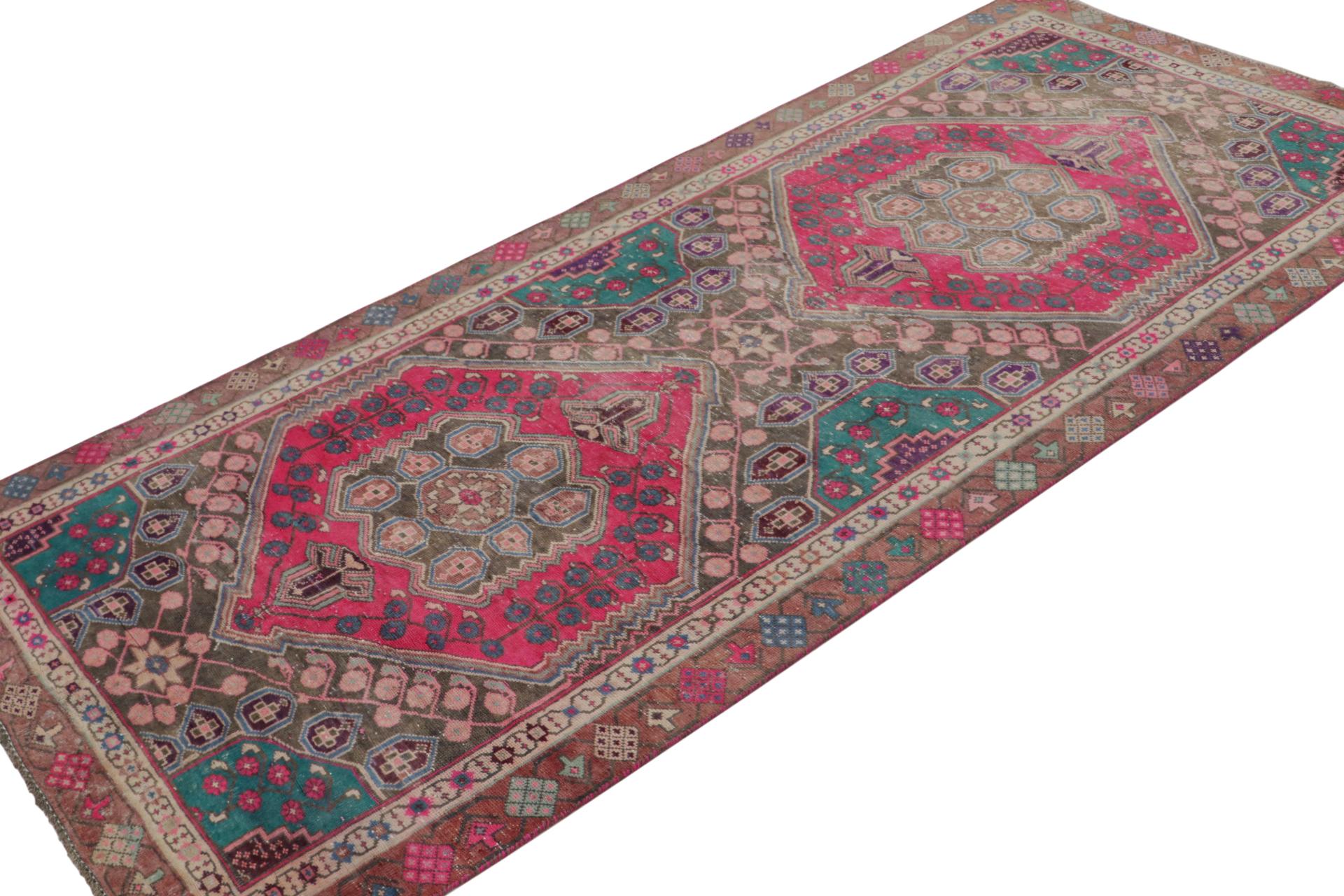 Hand knotted in wool on cotton, a 4x8 Persian Shiraz rug circa 1970-1980 - latest to join Rug & Kilim’s vintage selections.

On the Design:

This rug is an interesting piece of bright, beautifully saturated jewel tones, namely pink and teal in the