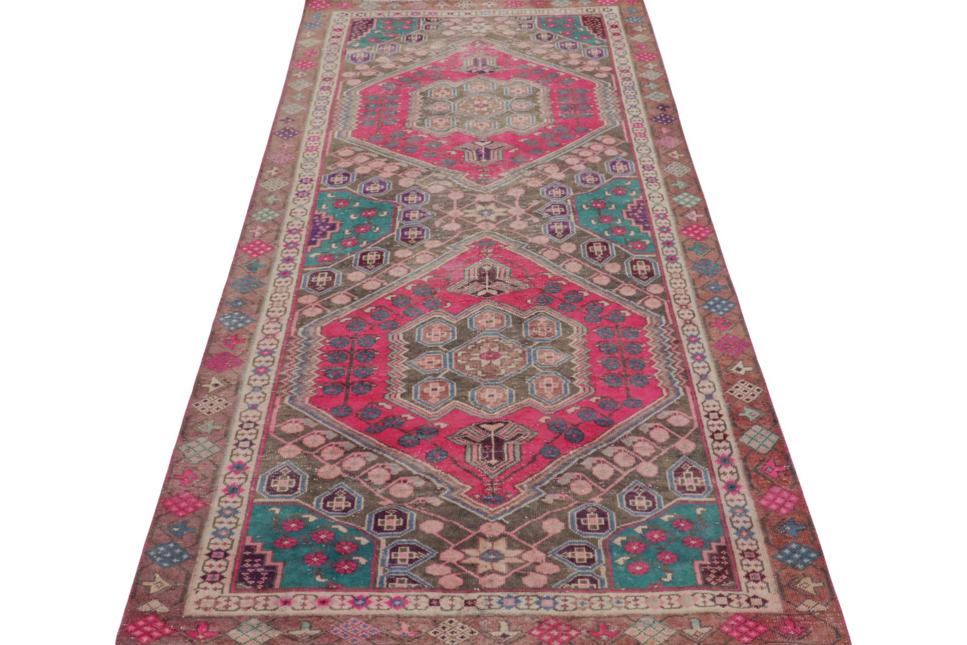 Tribal Vintage Persian Shiraz rug in Pink and Teal Floral Patterns by Rug & Kilim For Sale