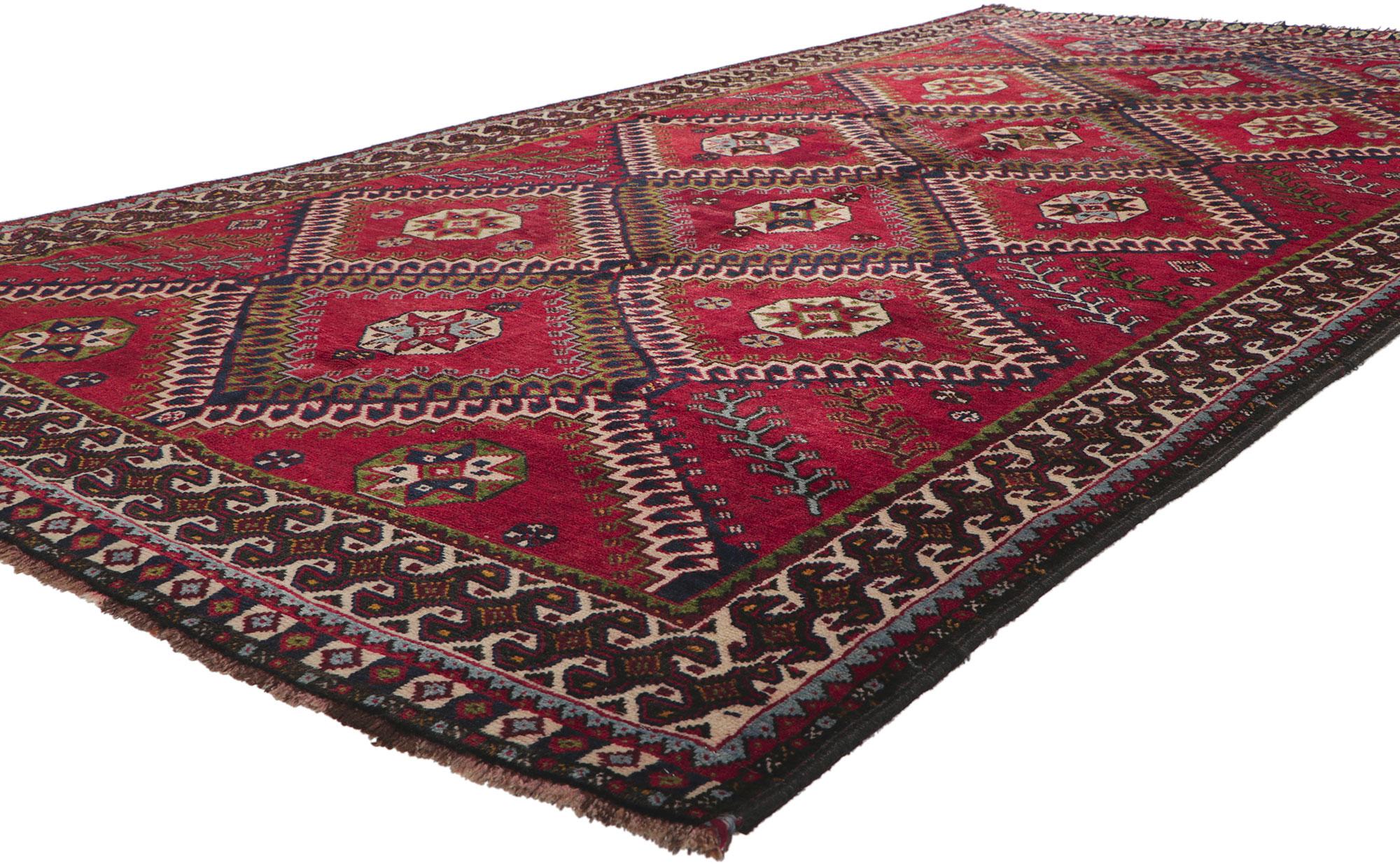 61081 Vintage Persian Shiraz Rug, 05'06 x 10'01.
Embark on a ruggedly enchanting saga woven within the threads of this hand-knotted wool vintage Persian Shiraz rug. Picture the nomadic artisan, skillfully infusing tribal mystique into each intricate