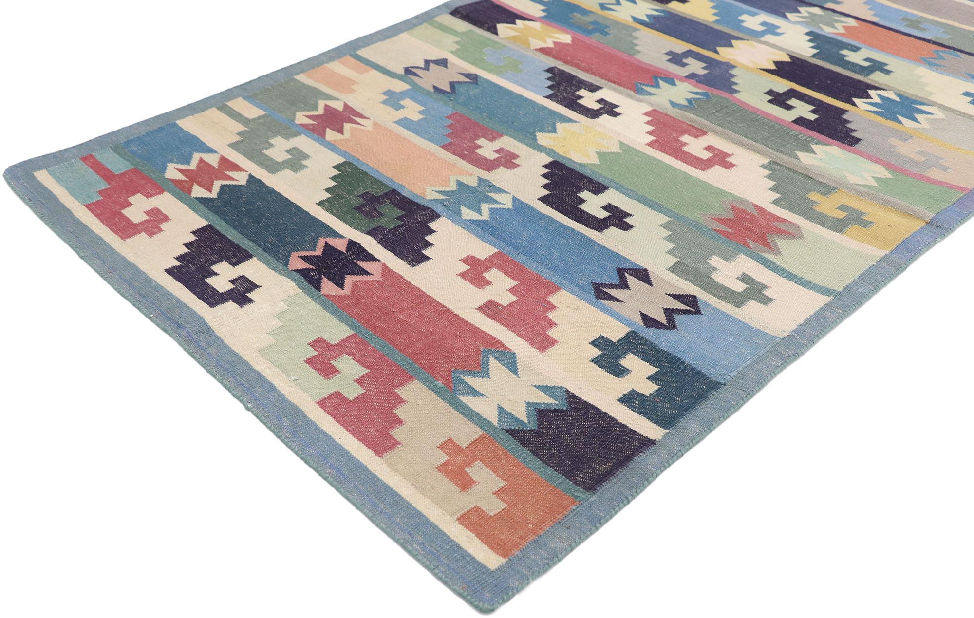 77834 Vintage Persian Shiraz rug with Boho Chic Tribal style 03'00 x 04'11. Full of tiny details and a bold expressive design combined with a kaleidoscope of colors and tribal style, this hand-woven wool vintage Persian Shiraz kilim rug is a