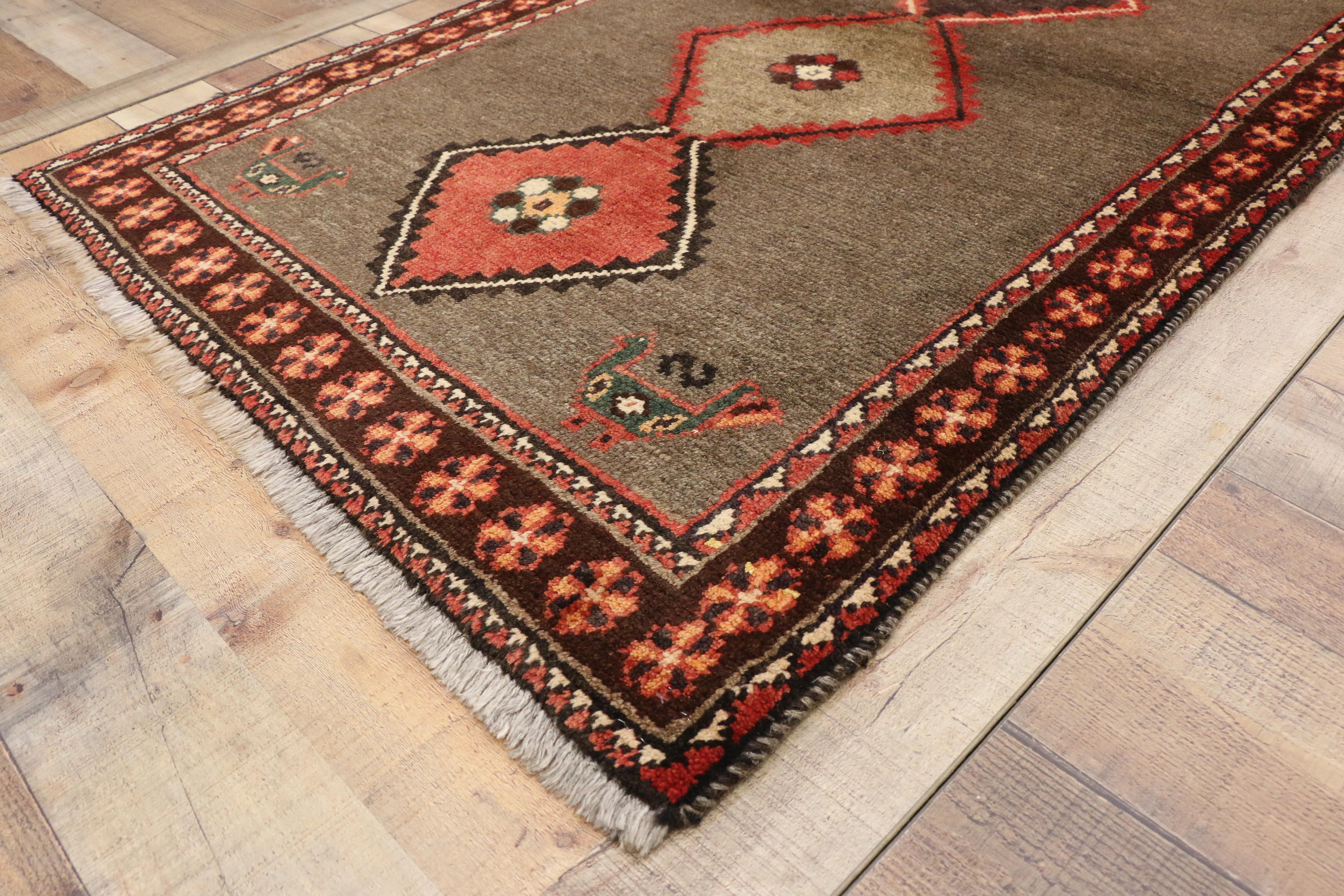 75053 Vintage Persian Shiraz Rug with Modern Tribal Style 03'04 x 06'02. Hand-knotted wool vintage Persian Shiraz rug with modern tribal style features four repeating, stacked geometric diamond medallions in an open taupe field surrounded by