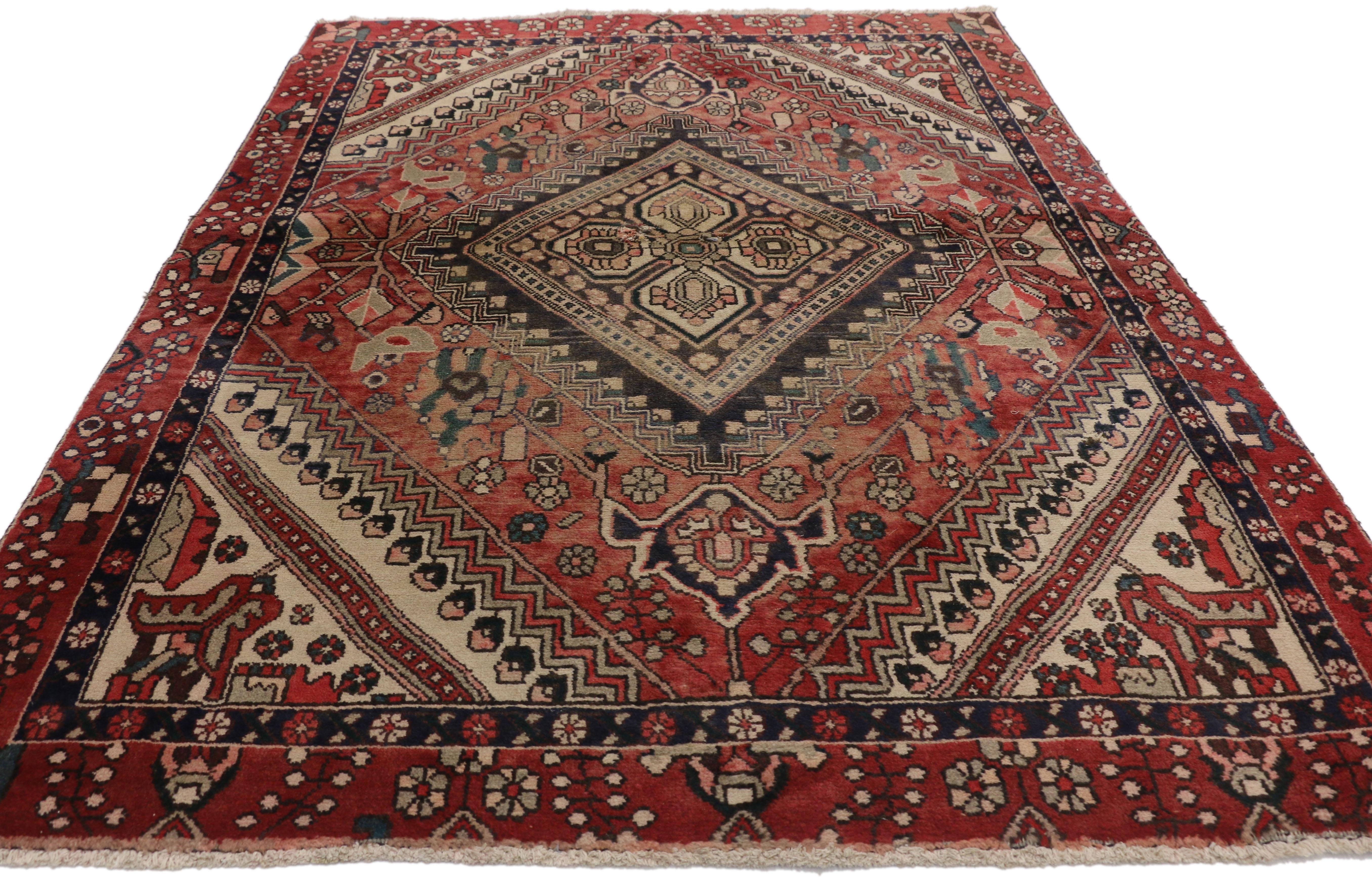 Hand-Knotted Vintage Persian Shiraz Rug with Rustic Traditional Style For Sale