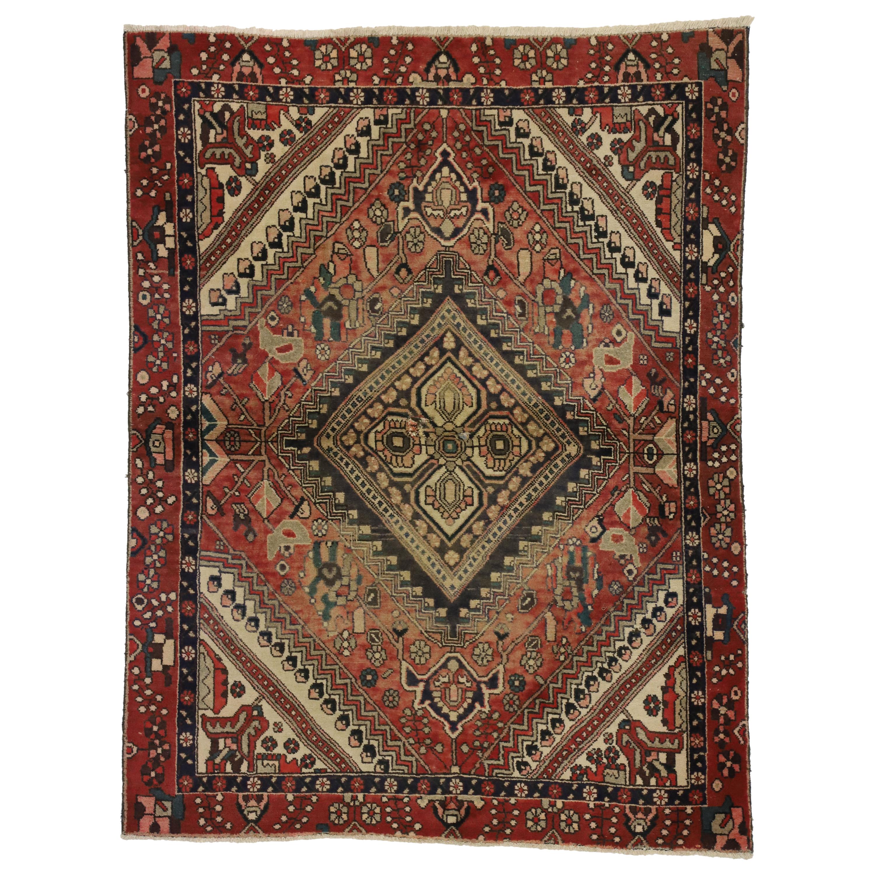 Vintage Persian Shiraz Rug with Rustic Traditional Style For Sale