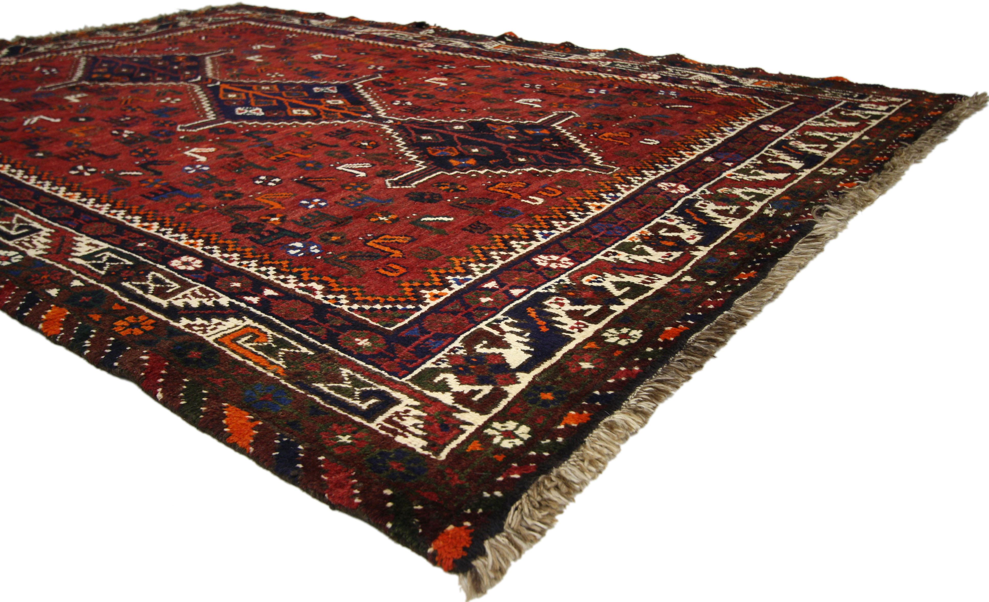 Hand-Knotted Vintage Persian Shiraz Rug with Tribal Style