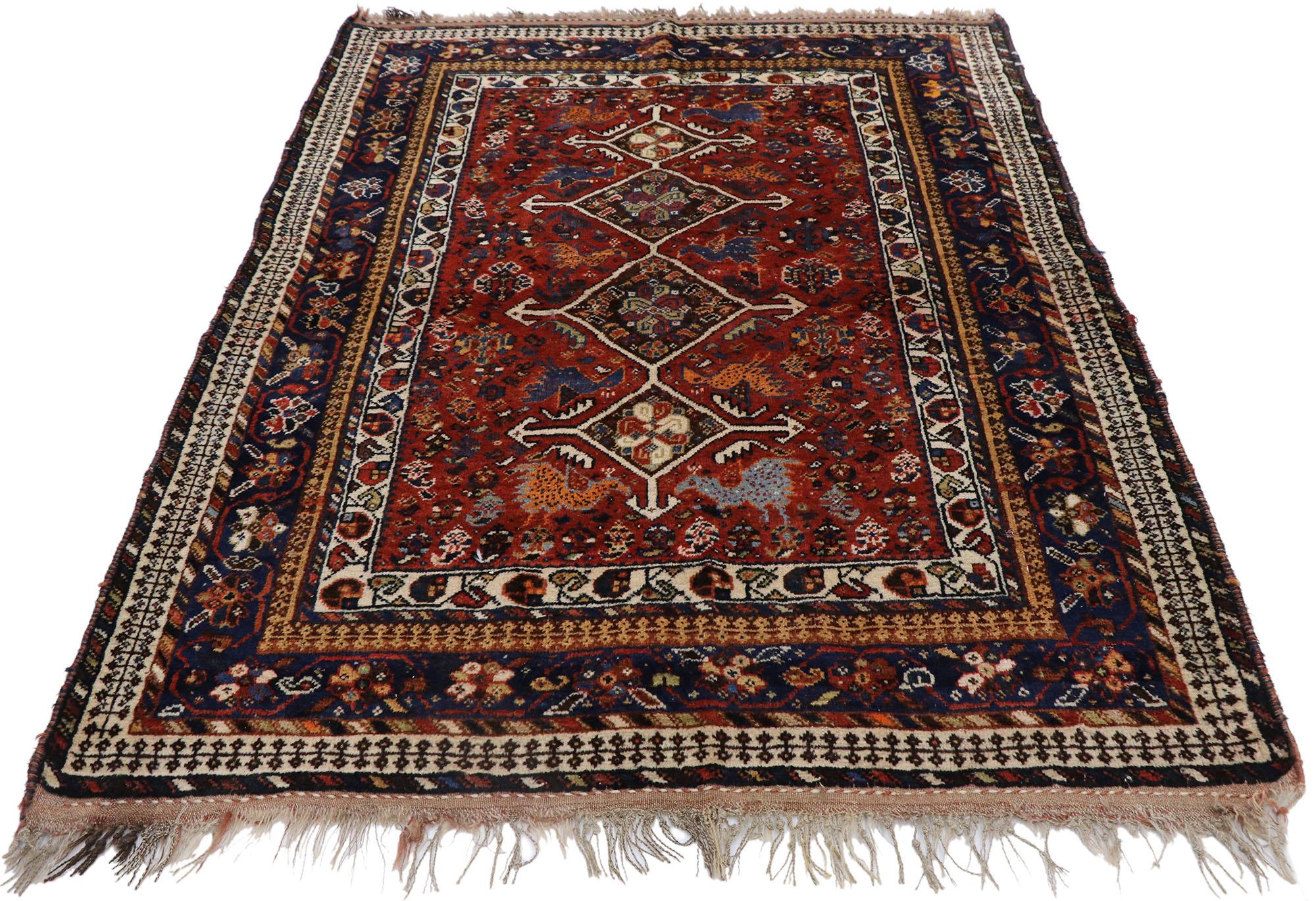 Hand-Knotted Vintage Persian Shiraz Rug with Tribal Style For Sale