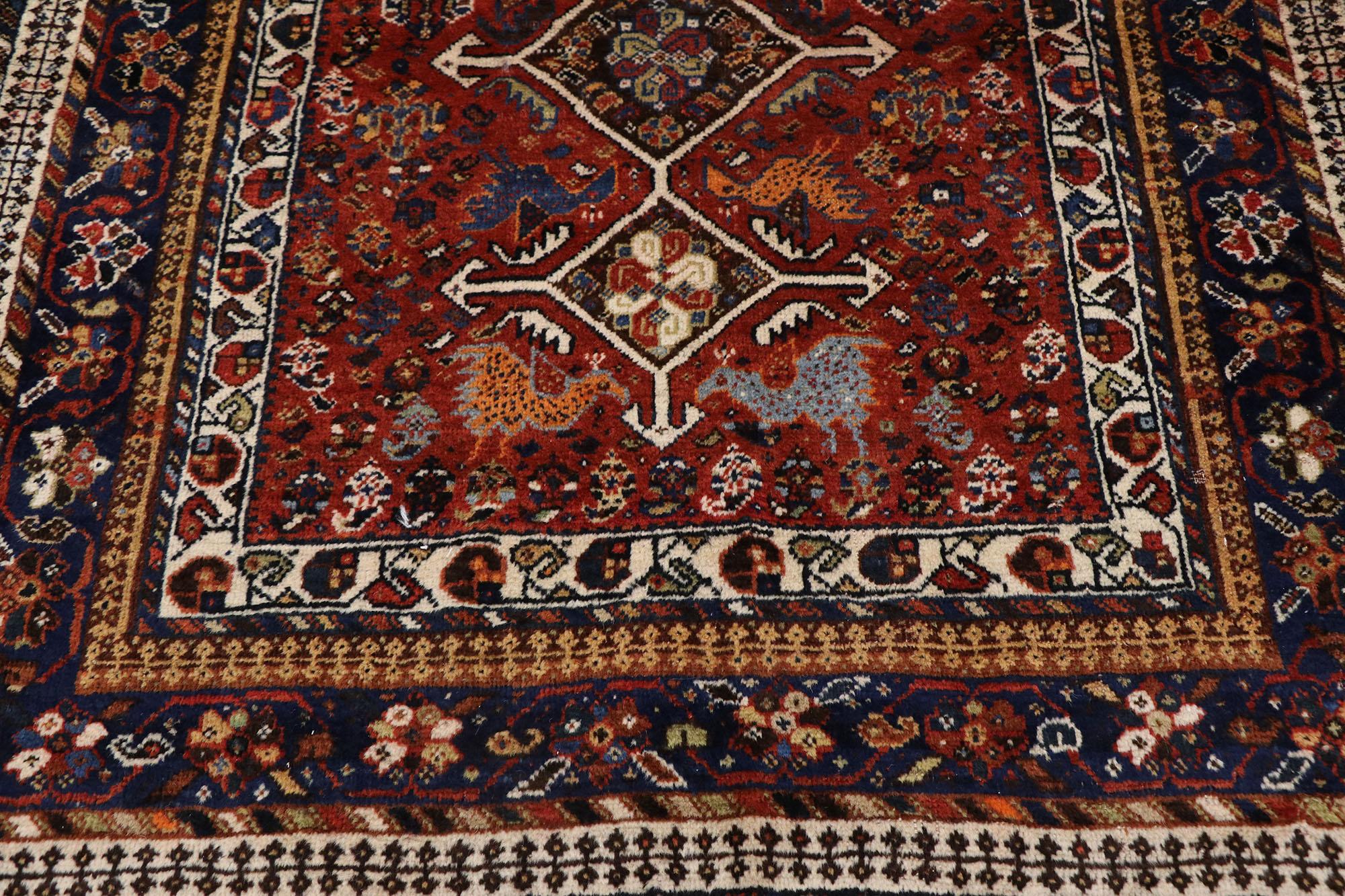 Vintage Persian Shiraz Rug with Tribal Style In Distressed Condition For Sale In Dallas, TX