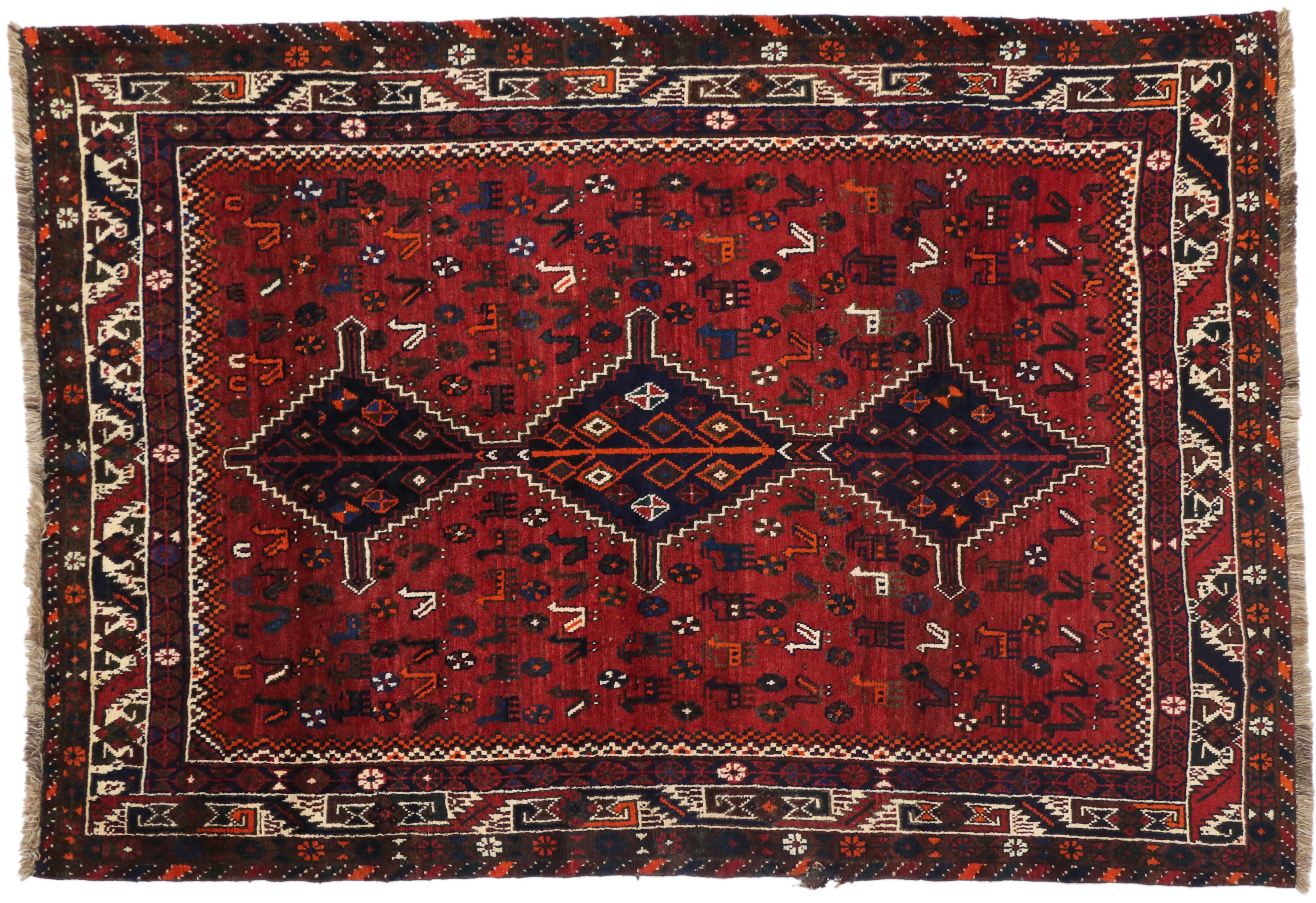 Wool Vintage Persian Shiraz Rug with Tribal Style