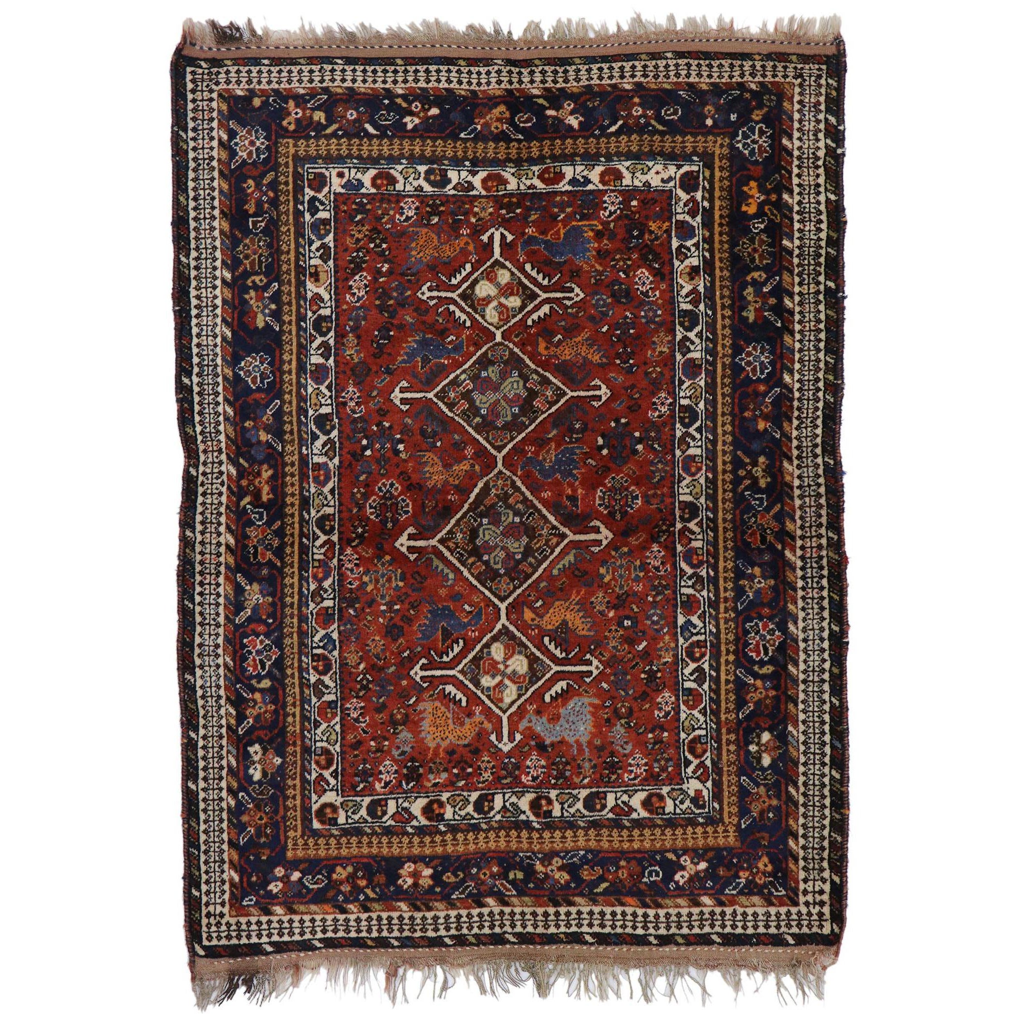 Tappeto persiano vintage Shiraz con stile tribale