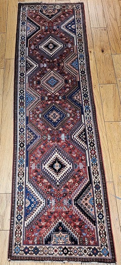 Vintage Persian Shiraz Yalameh Runner, Wool, Geometric Design