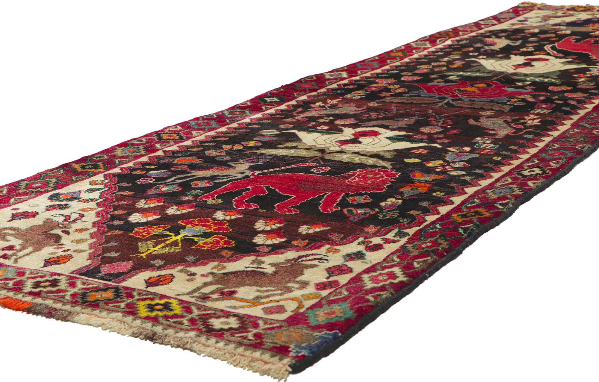 61092 Vintage Persian Shiraz Tribal rug runner with Zoomorphic Design 02'10 x 09'07. ?Reminiscences of an exotic journey and worldly sophistication, this hand-knotted wool vintage Persian Shiraz runner is a captivating vision of woven beauty. The