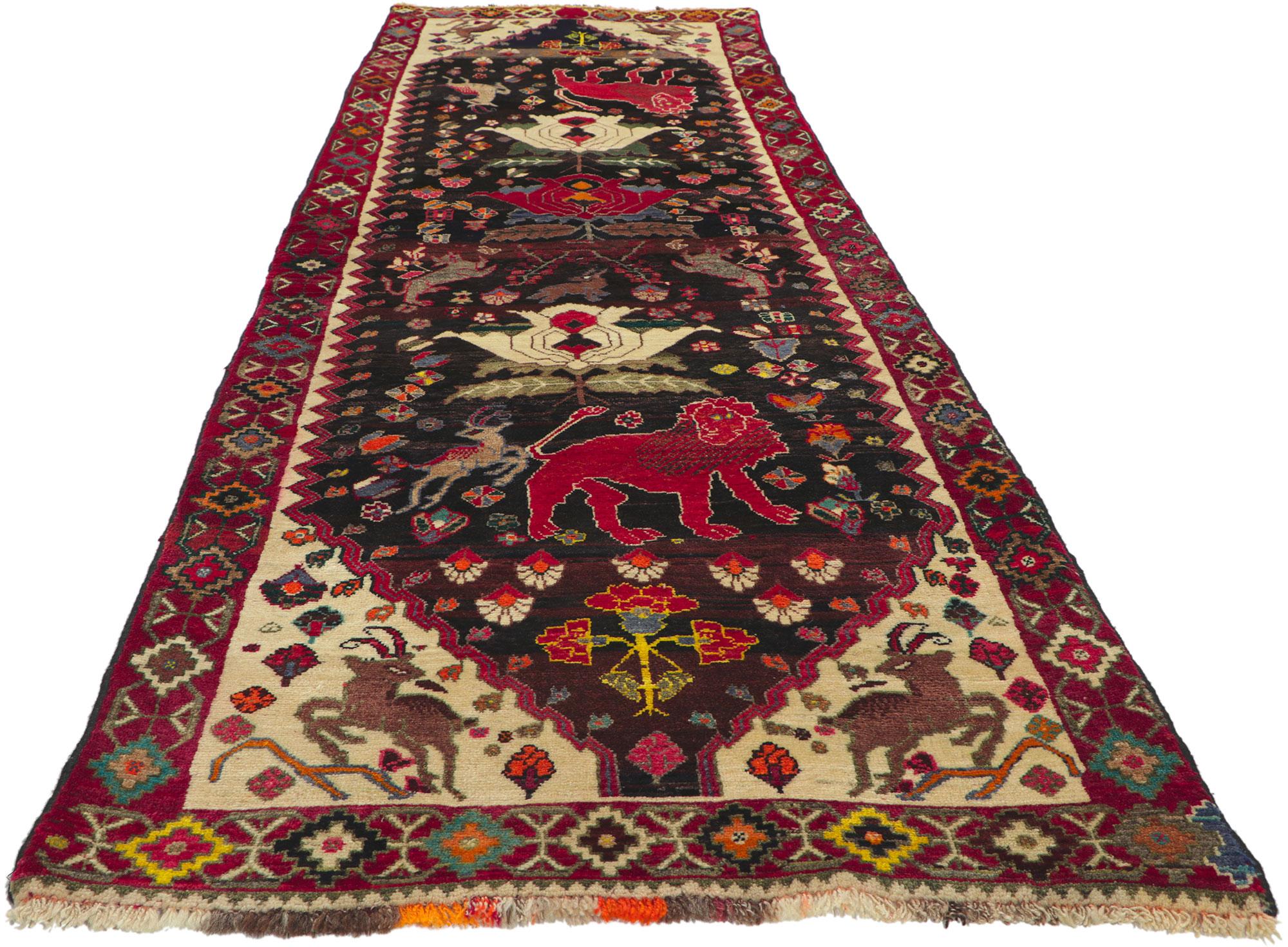 Hand-Knotted Vintage Persian Shiraz Runner with Tribal Style For Sale