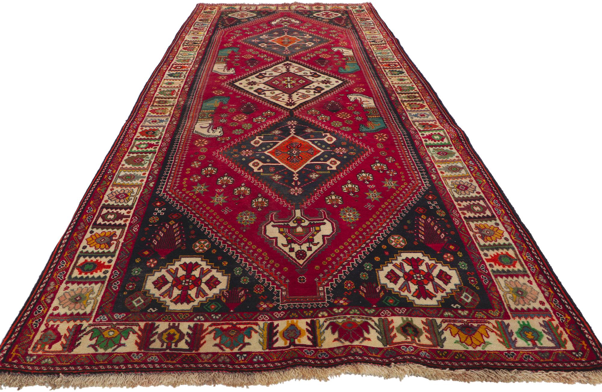 Hand-Knotted Vintage Persian Shiraz Runner with Tribal Style For Sale