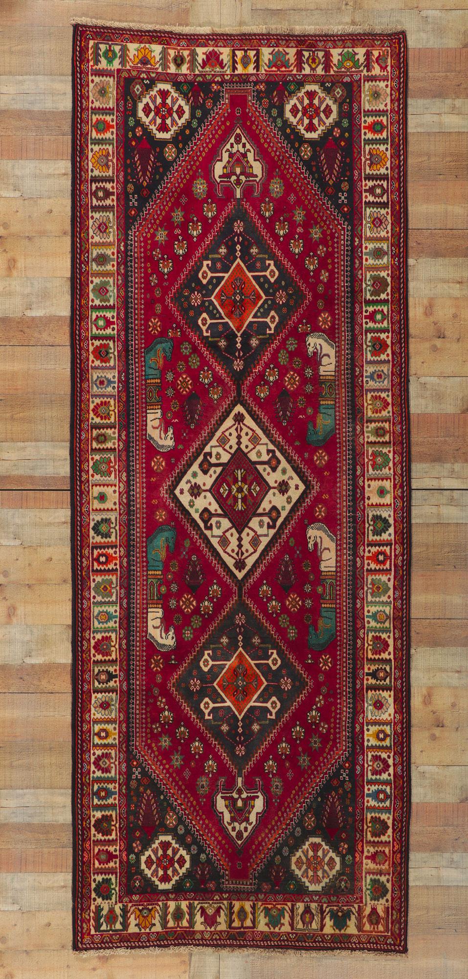 Wool Vintage Persian Shiraz Runner with Tribal Style For Sale