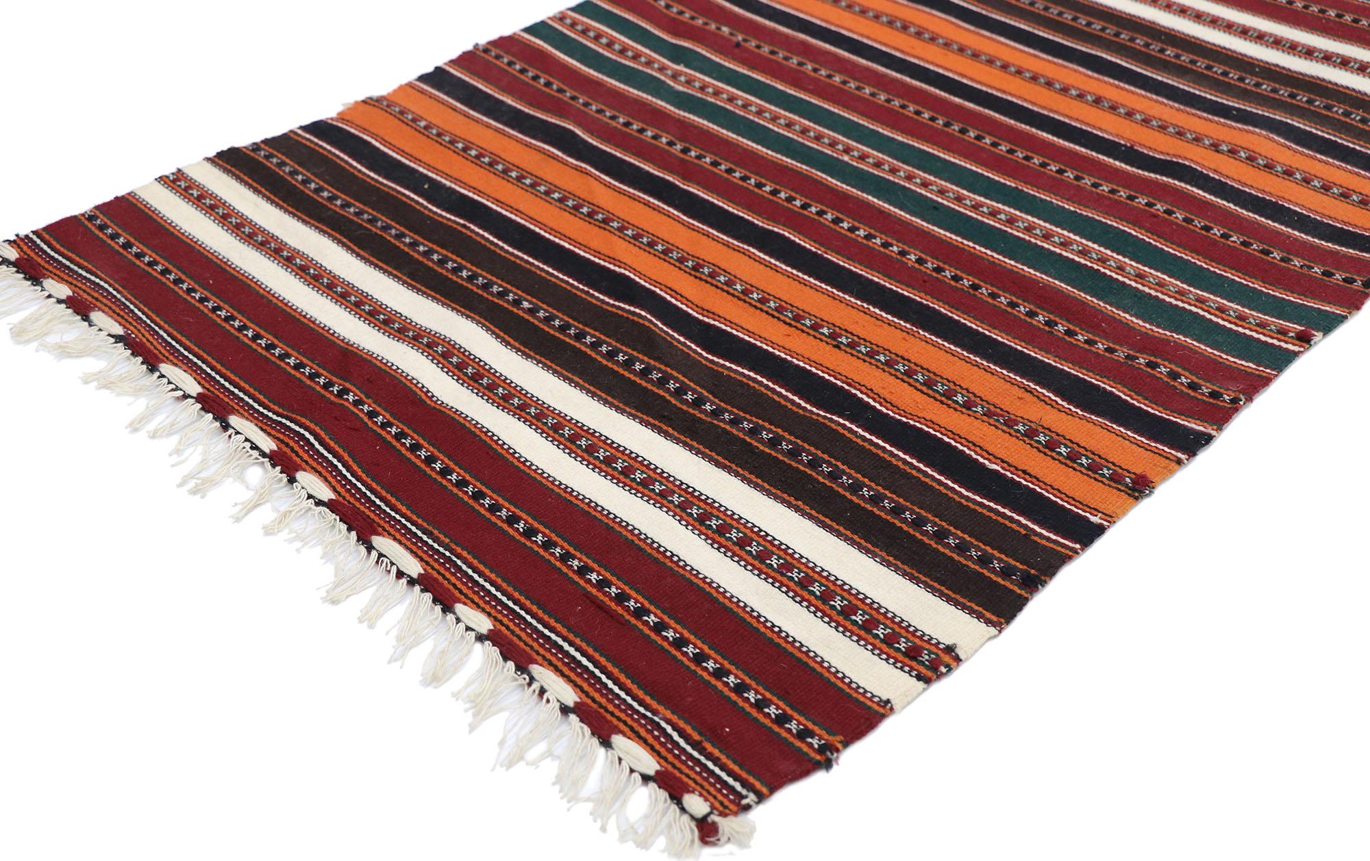 77900 Vintage Persian Shiraz Striped Kilim rug 02'02 x 03'03. With its warm hues and rugged beauty, this hand-woven wool vintage Persian Shiraz striped kilim rug manages to meld contemporary, modern, and traditional design elements. The flat-weave