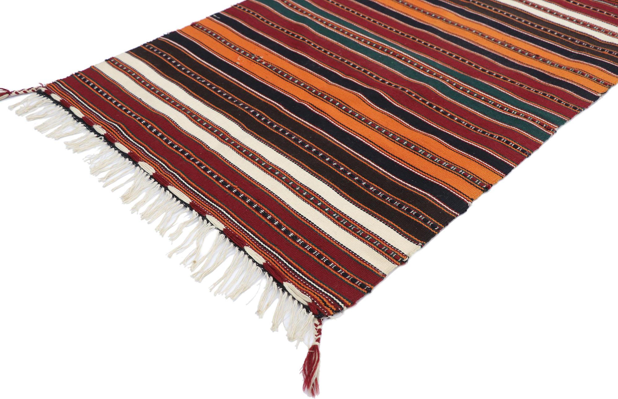 77895, vintage Persian Shiraz Striped Kilim rug. With its warm hues and rugged beauty, this hand-woven wool vintage Persian Shiraz striped kilim rug manages to meld contemporary, modern, and traditional design elements. The flat-weave kilim rug