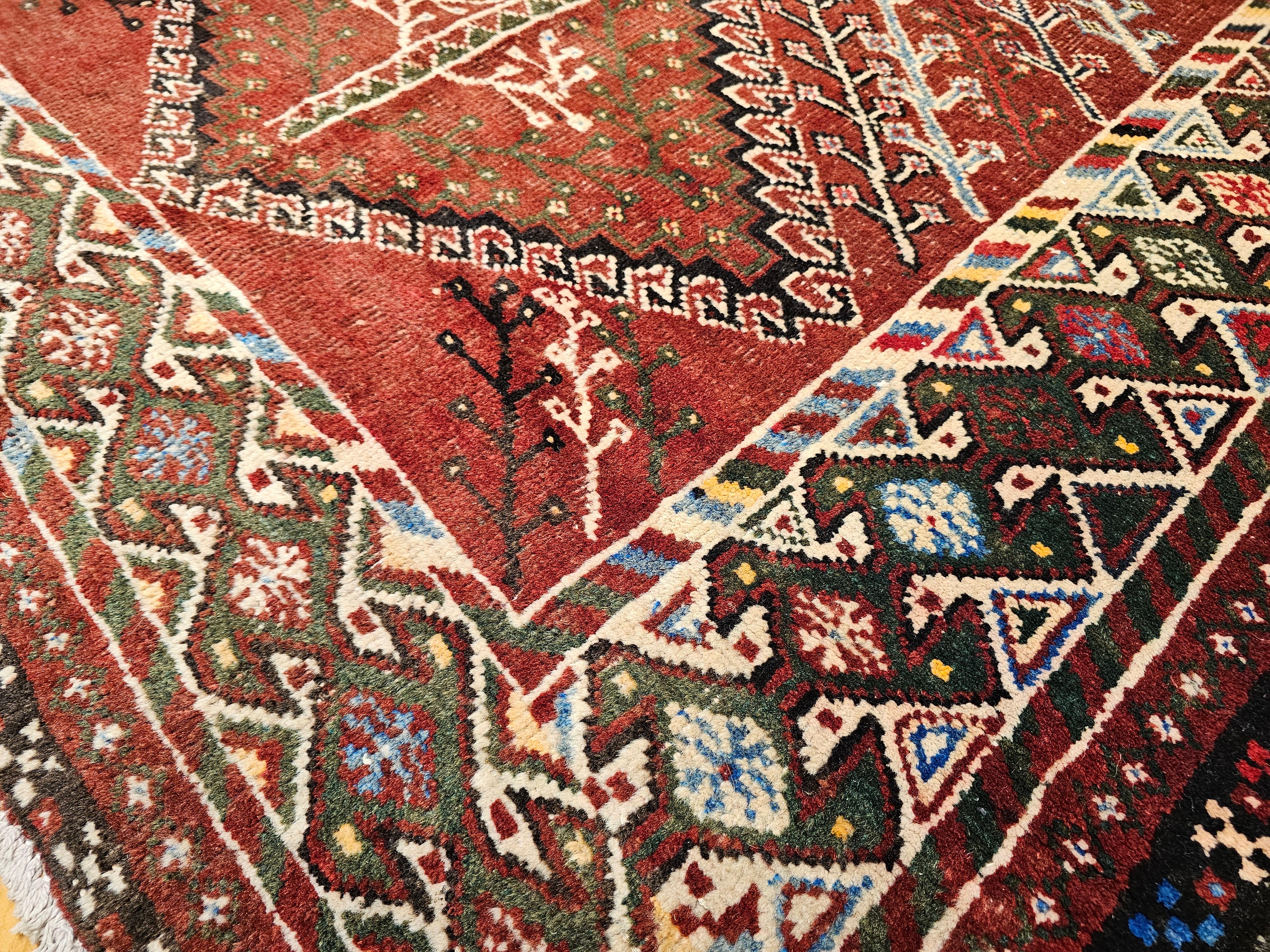 Vintage Persian Shiraz Tribal Area Rug in Burgundy, Ivory, Green, Blue For Sale 4
