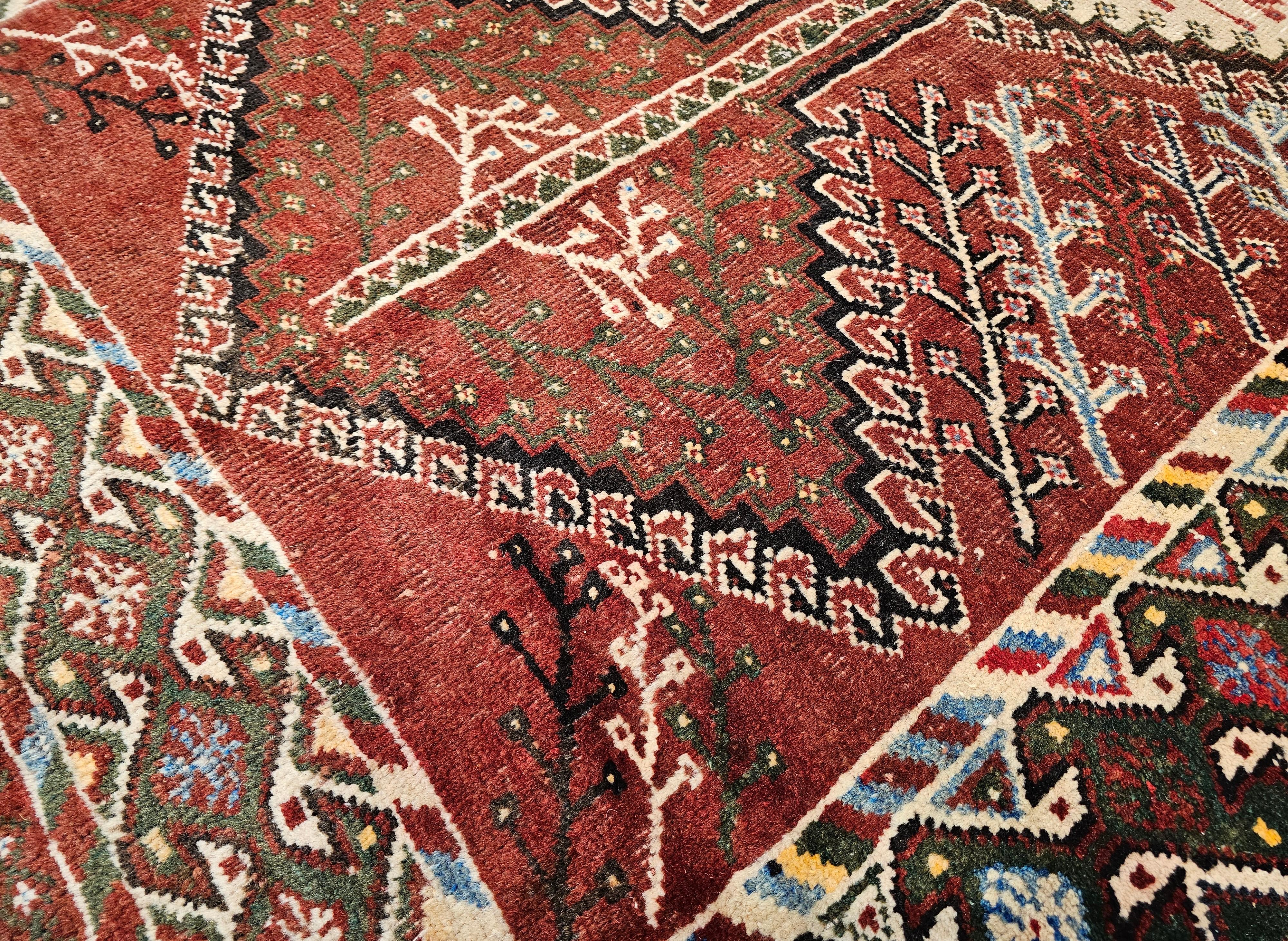 Vintage Persian Shiraz Tribal Area Rug in Burgundy, Ivory, Green, Blue For Sale 5