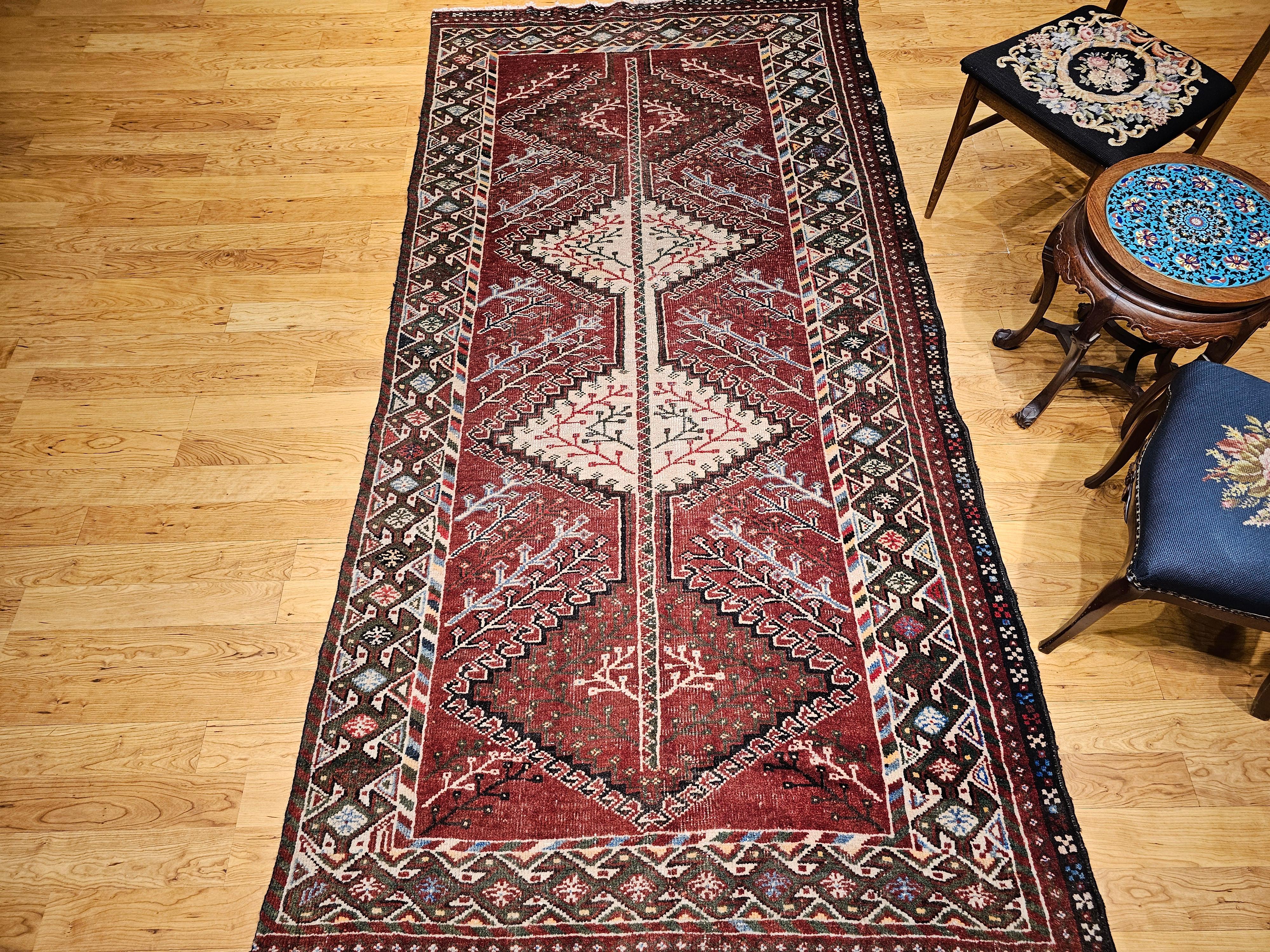 Vintage Persian Shiraz Tribal Area Rug in Burgundy, Ivory, Green, Blue For Sale 7