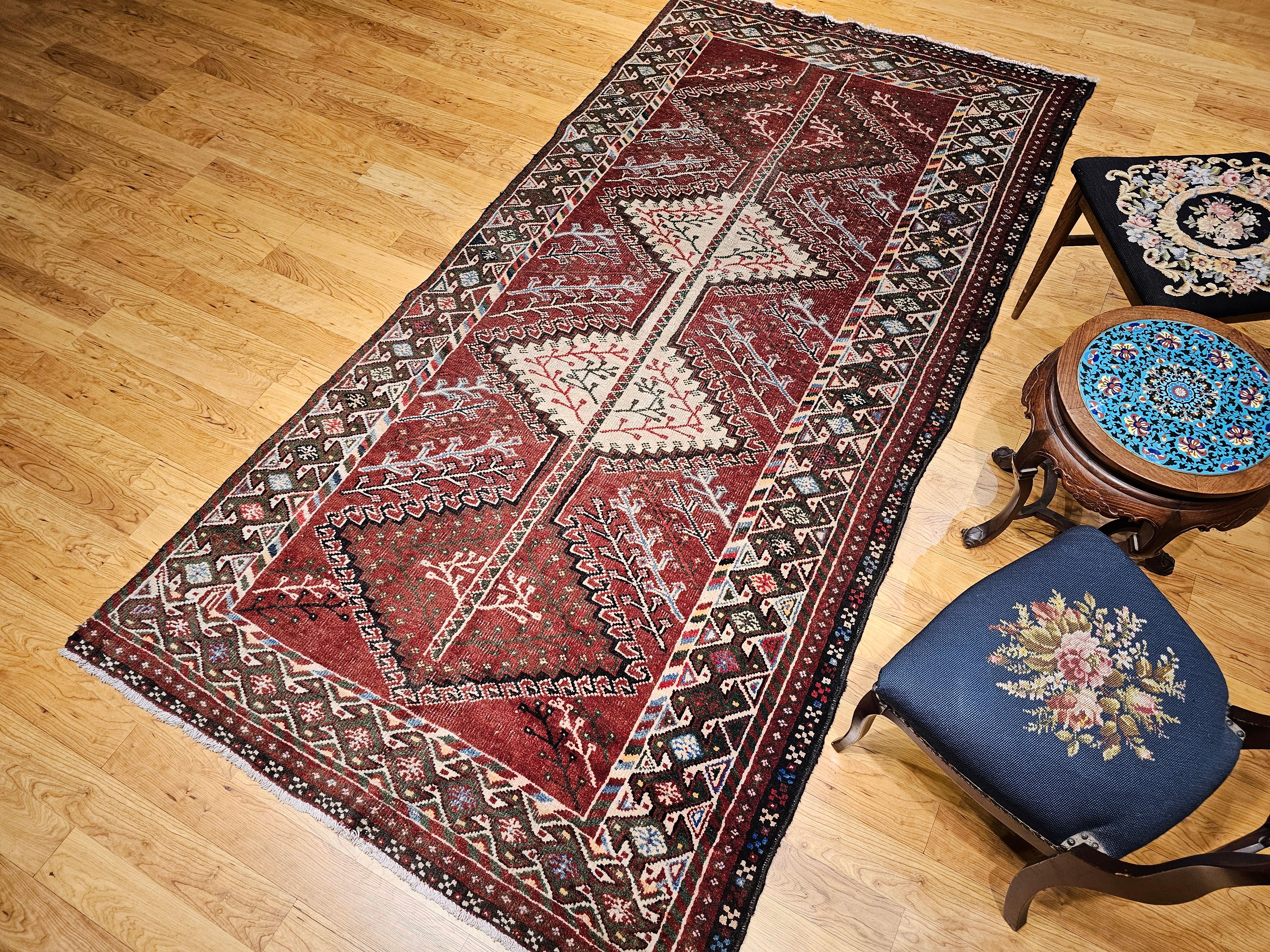 Vintage Persian Shiraz Tribal Area Rug in Burgundy, Ivory, Green, Blue For Sale 8