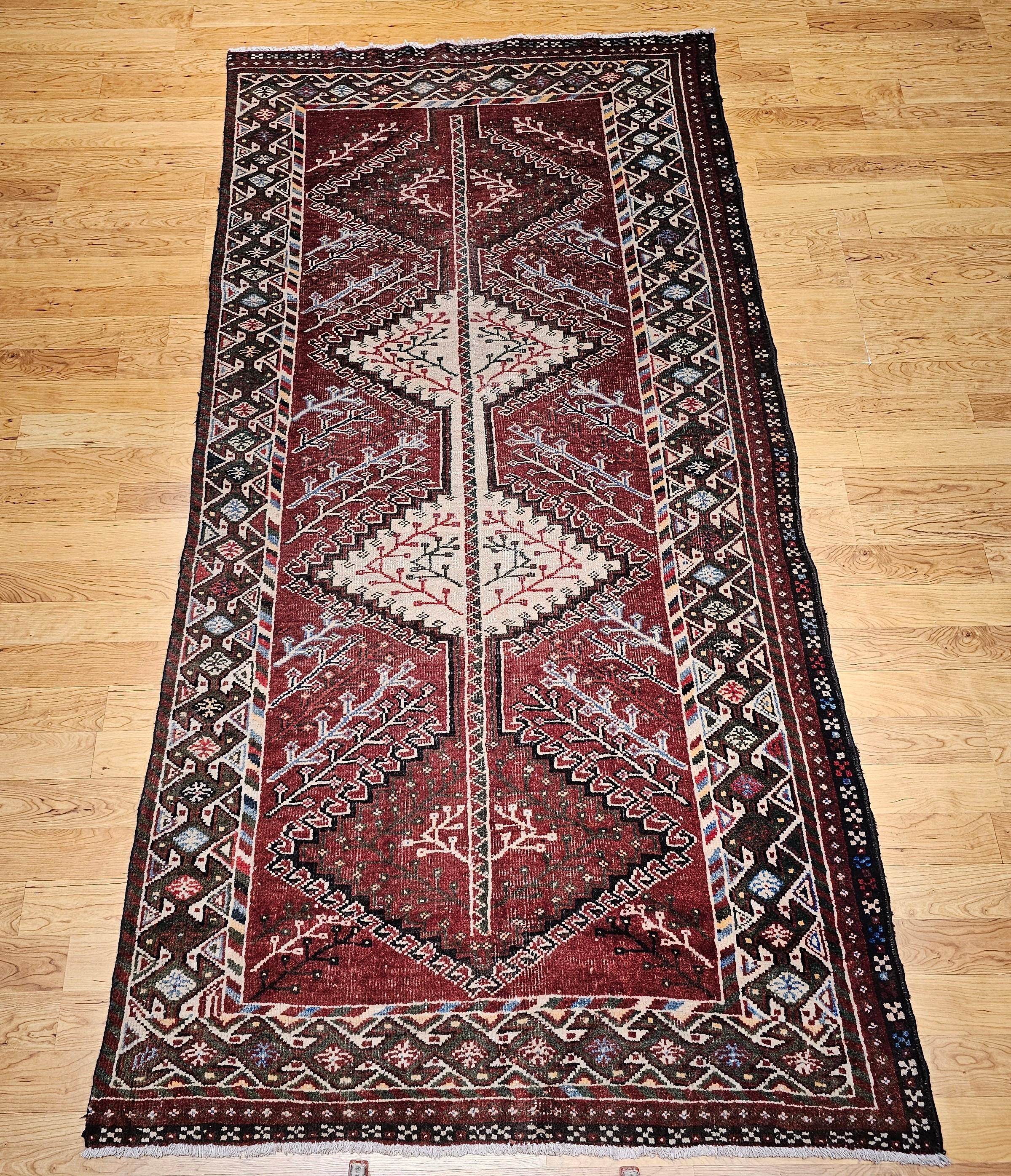 Vintage Persian Shiraz Tribal Area Rug in Burgundy, Ivory, Green, Blue For Sale 10