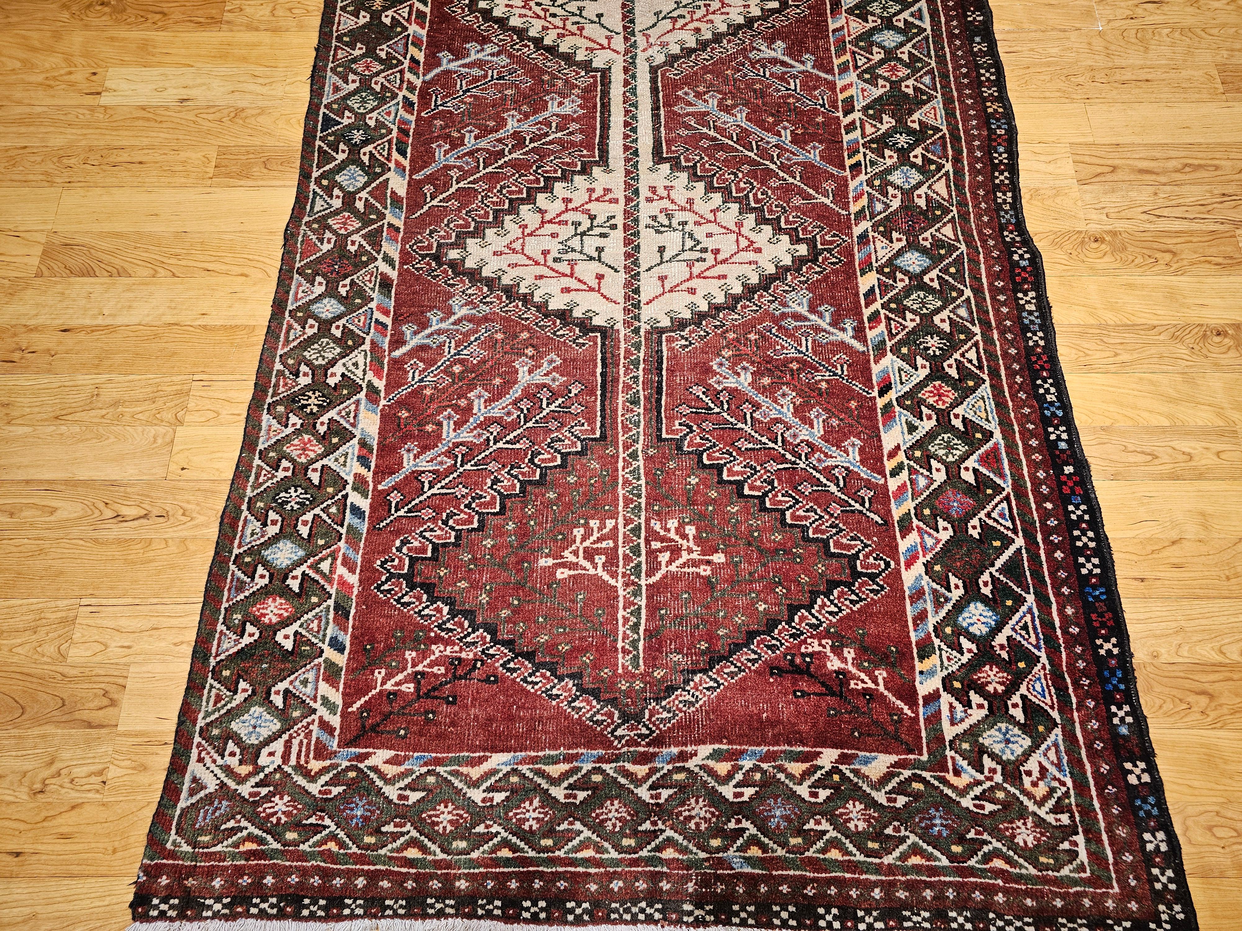 Vegetable Dyed Vintage Persian Shiraz Tribal Area Rug in Burgundy, Ivory, Green, Blue For Sale
