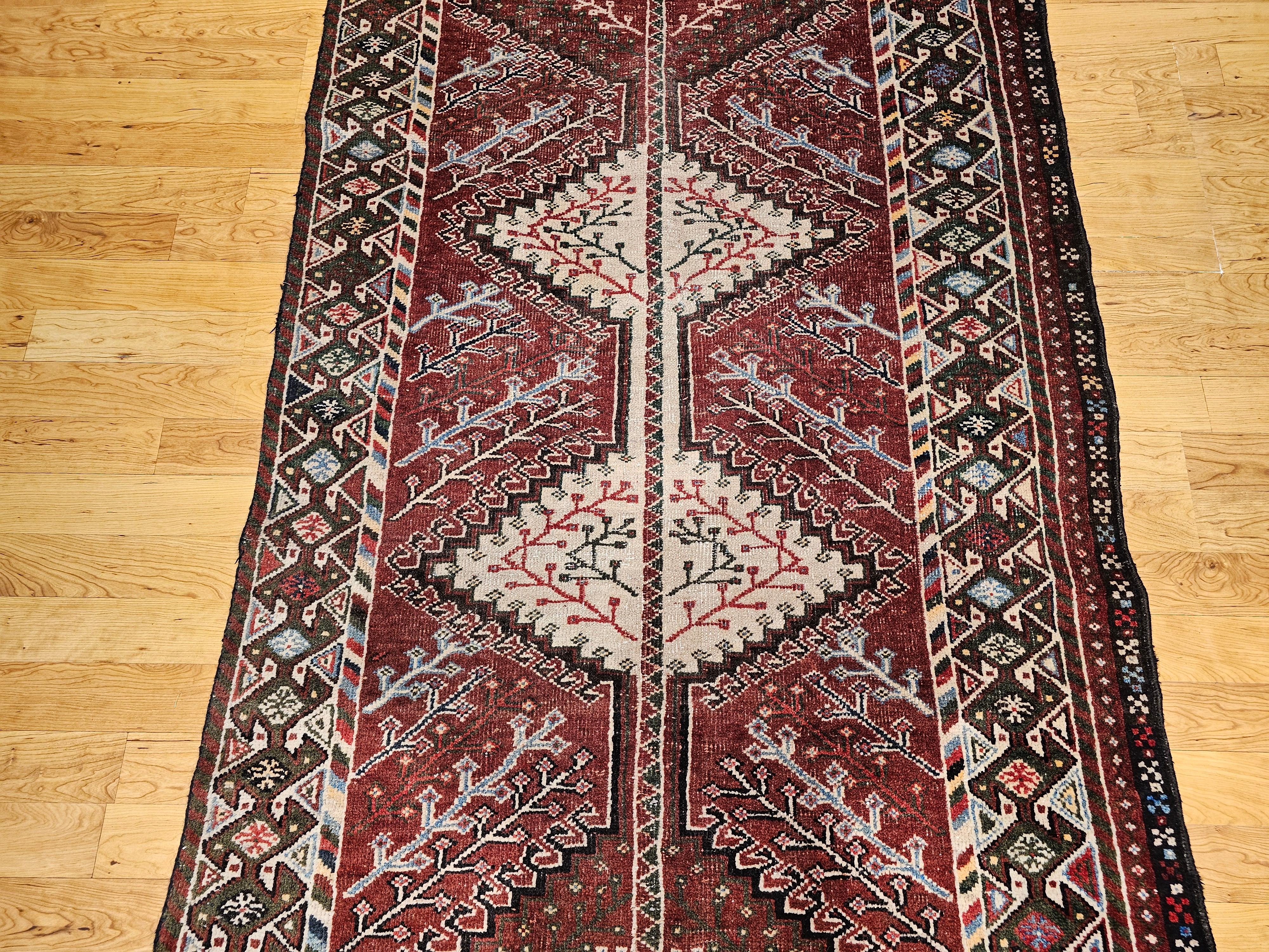 Vintage Persian Shiraz Tribal Area Rug in Burgundy, Ivory, Green, Blue In Good Condition For Sale In Barrington, IL