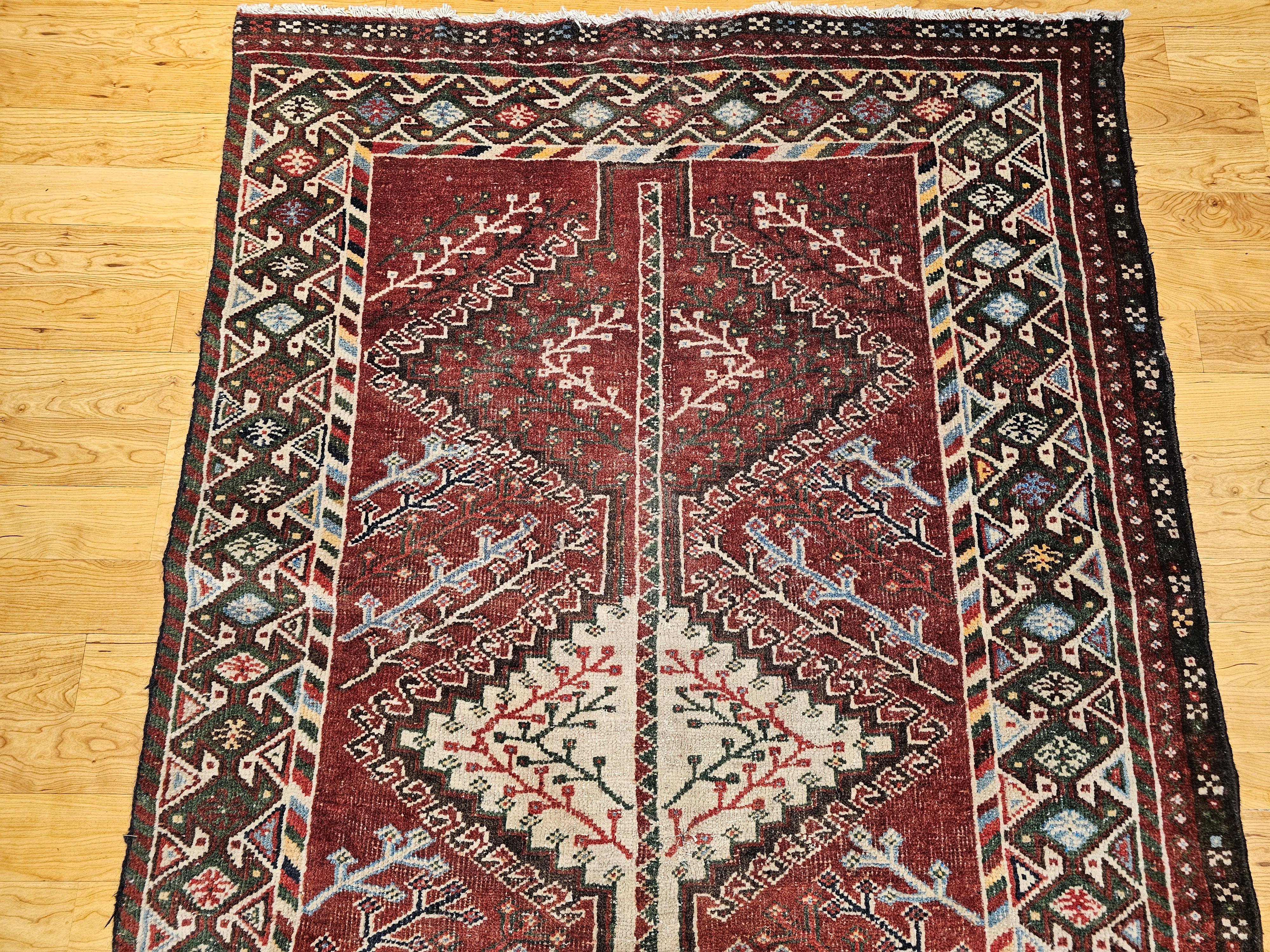 20th Century Vintage Persian Shiraz Tribal Area Rug in Burgundy, Ivory, Green, Blue For Sale