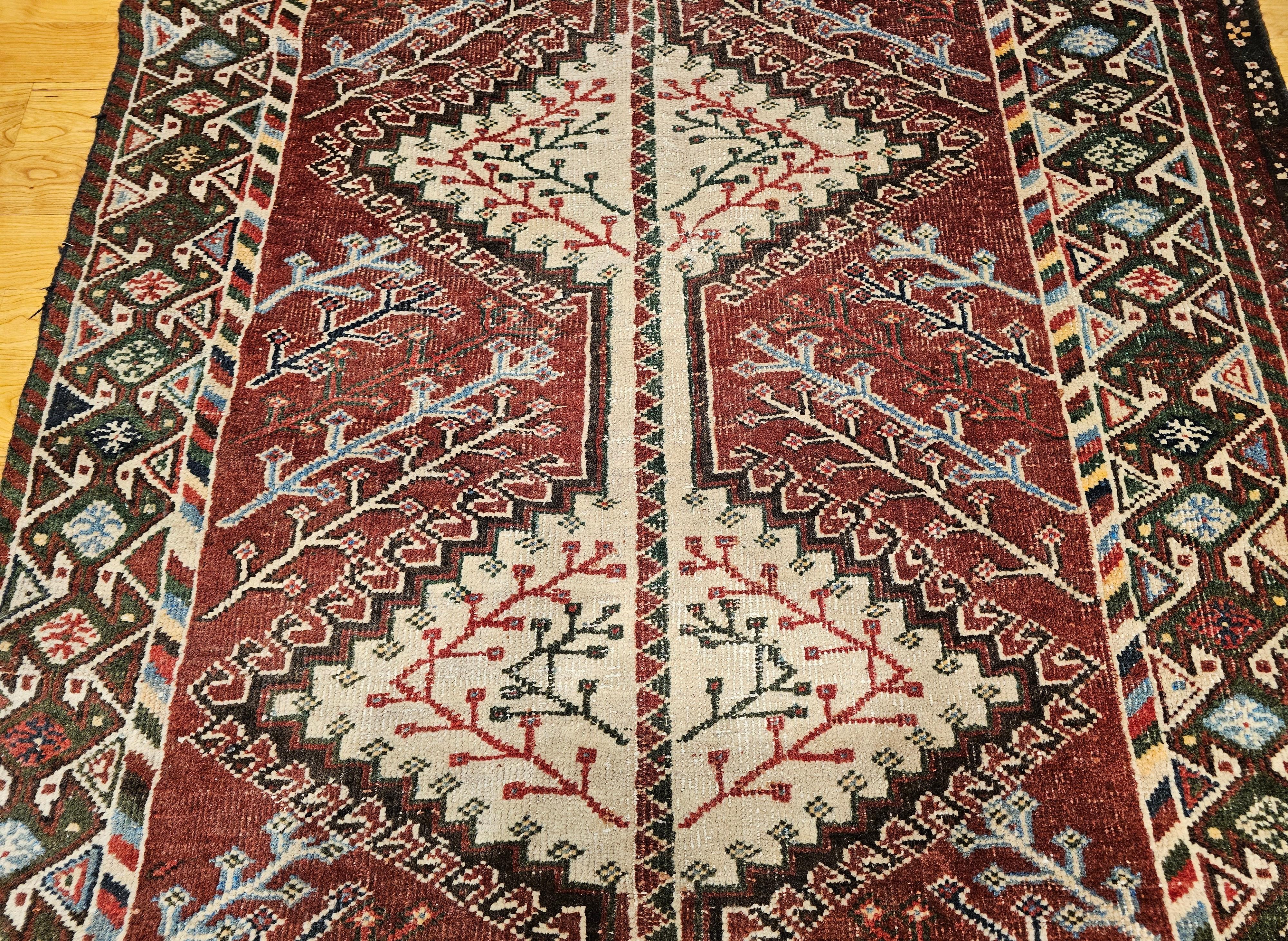 Vintage Persian Shiraz Tribal Area Rug in Burgundy, Ivory, Green, Blue For Sale 1