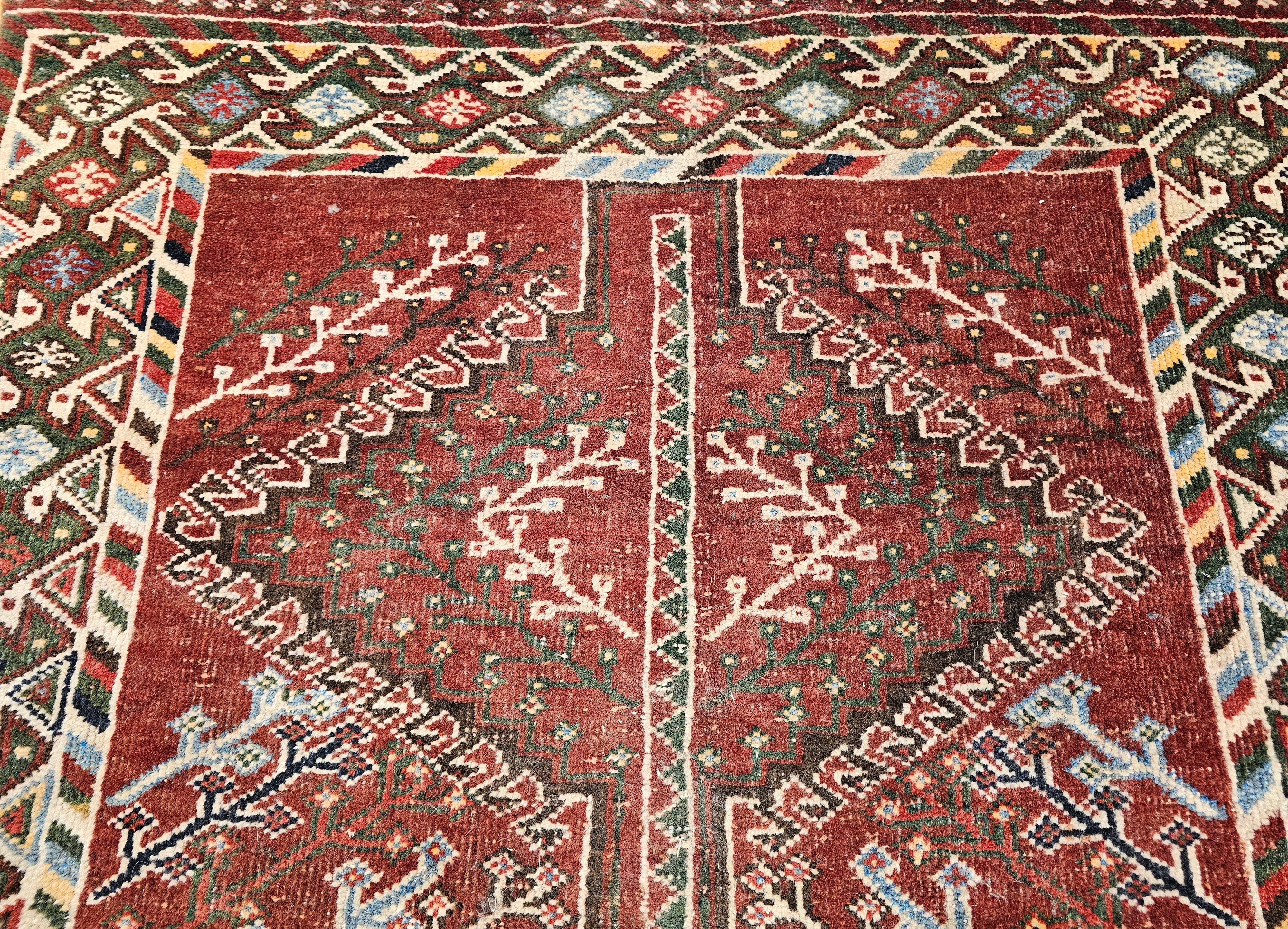 Vintage Persian Shiraz Tribal Area Rug in Burgundy, Ivory, Green, Blue For Sale 2