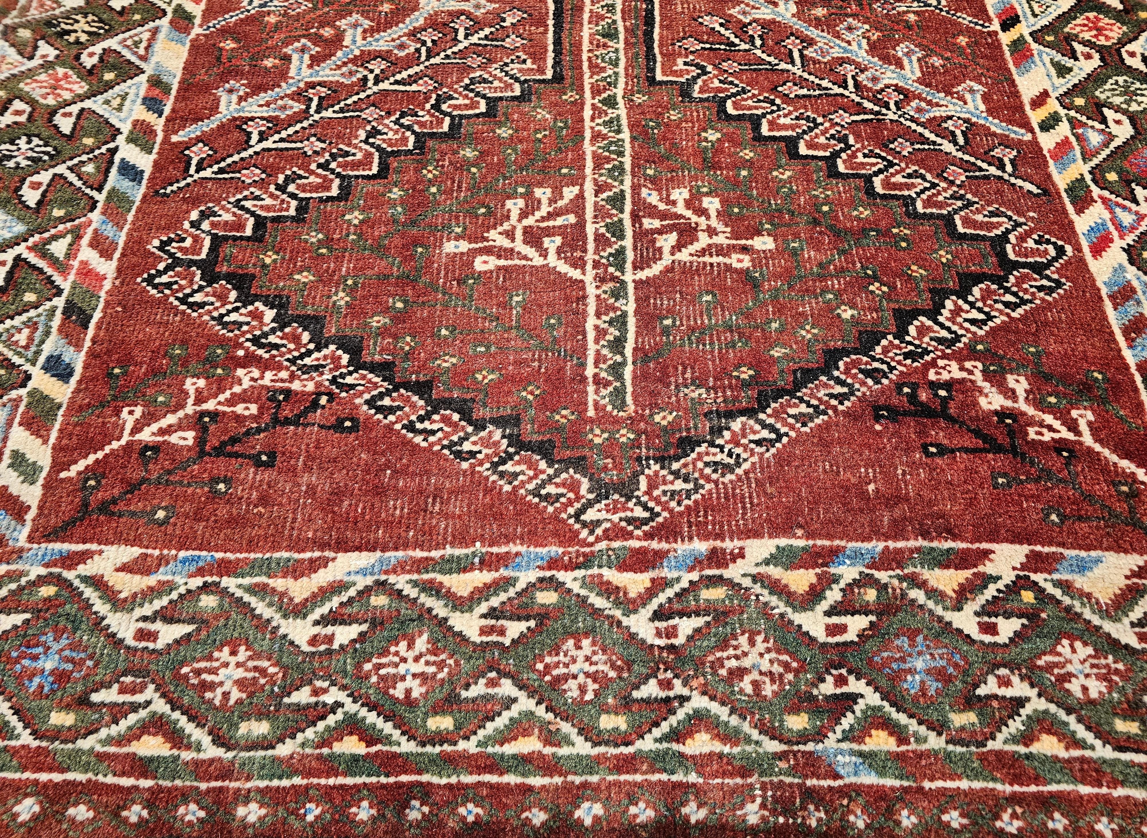 Vintage Persian Shiraz Tribal Area Rug in Burgundy, Ivory, Green, Blue For Sale 3