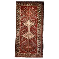 Antique Persian Shiraz Tribal Area Rug in Burgundy, Ivory, Green, Blue
