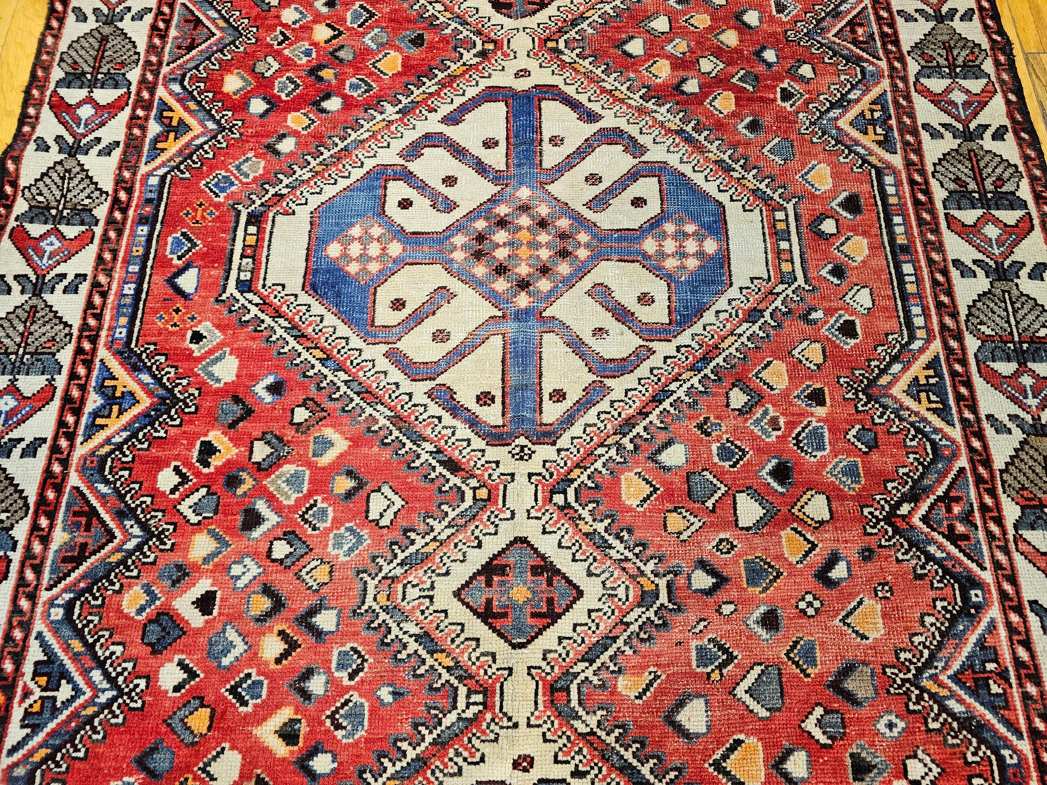 Vintage Persian Shiraz Tribal Area Rug in Red, Ivory, French Blue For Sale 4