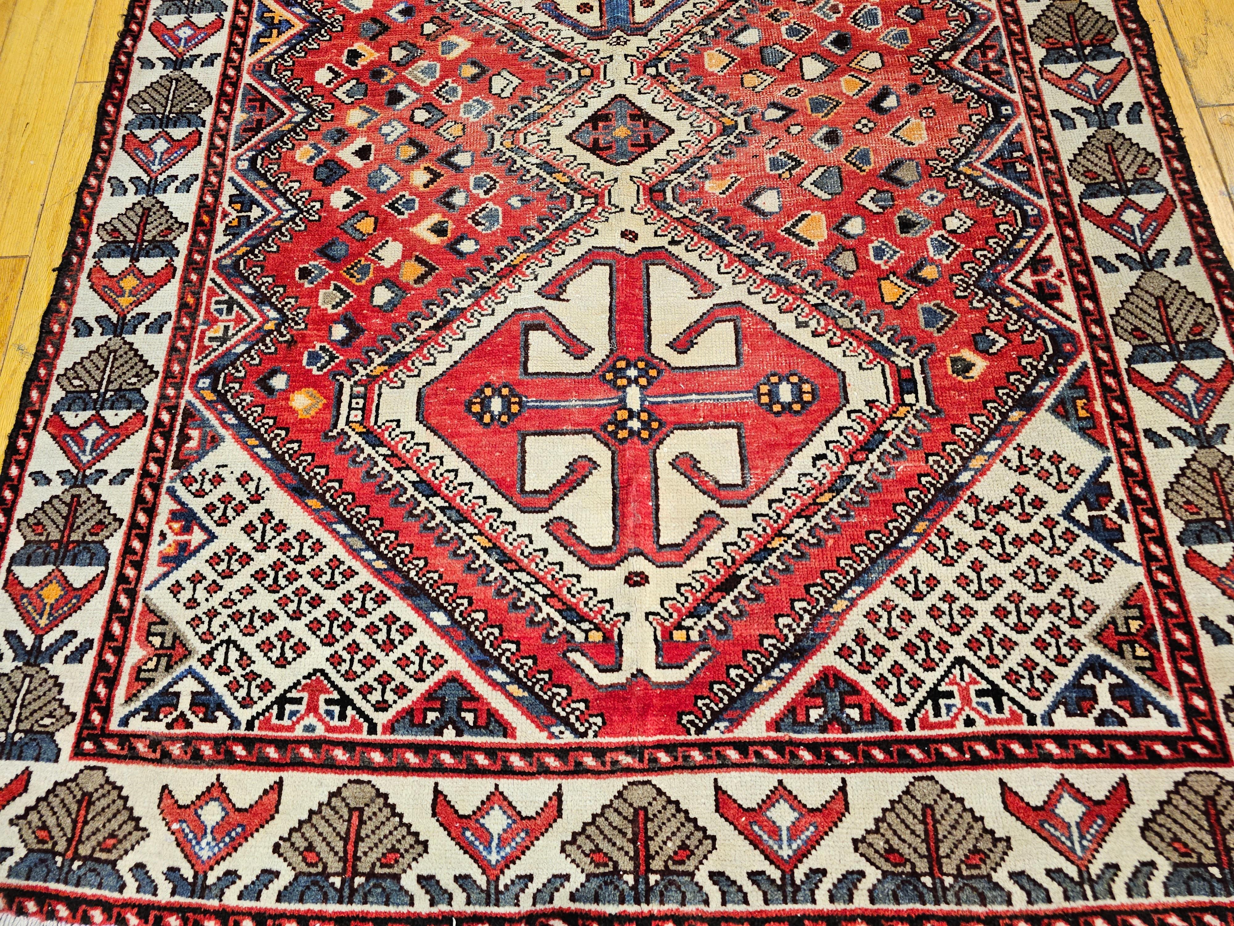 Vintage Persian Shiraz Tribal Area Rug in Red, Ivory, French Blue For Sale 5