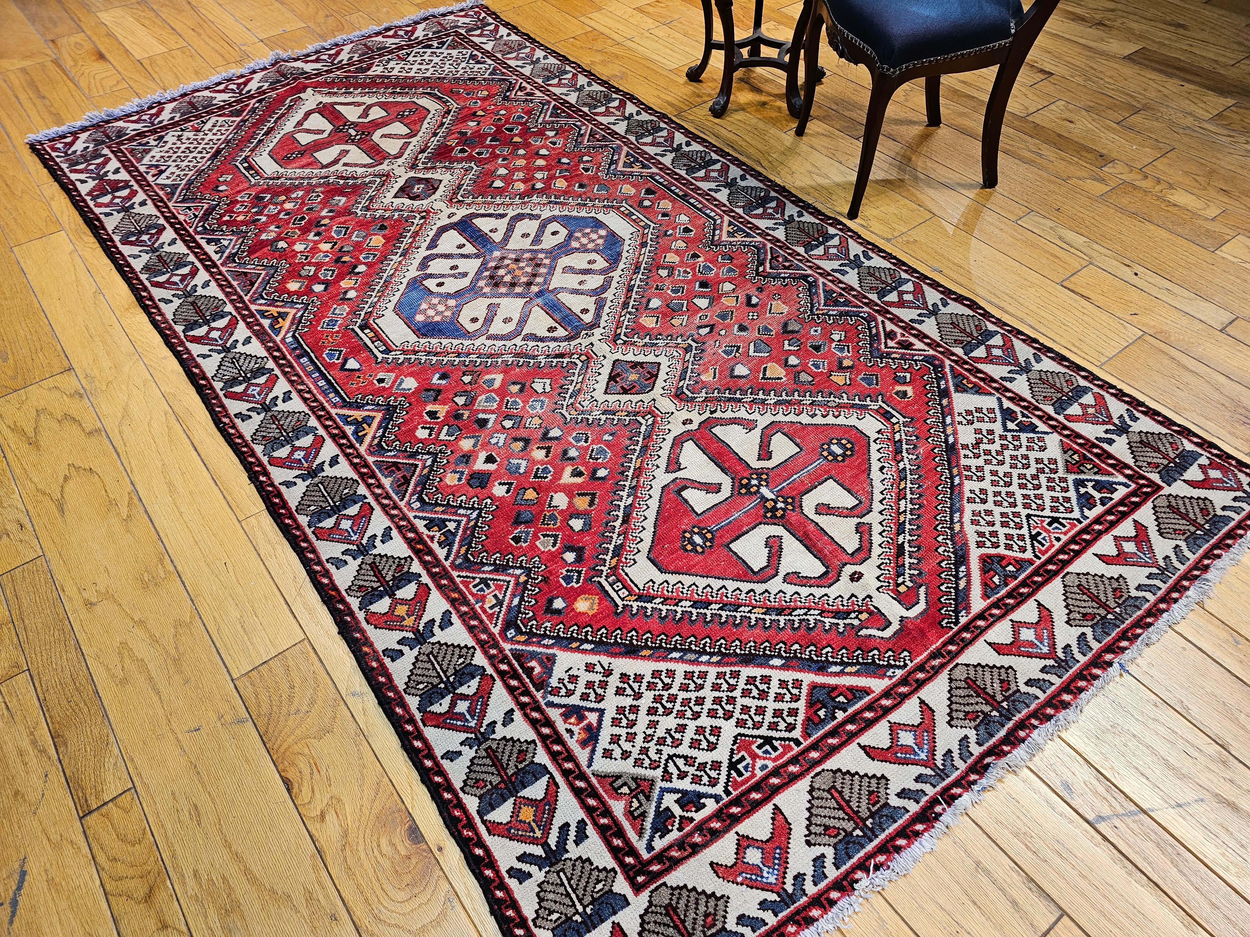 Vintage Persian Shiraz Tribal Area Rug in Red, Ivory, French Blue For Sale 6