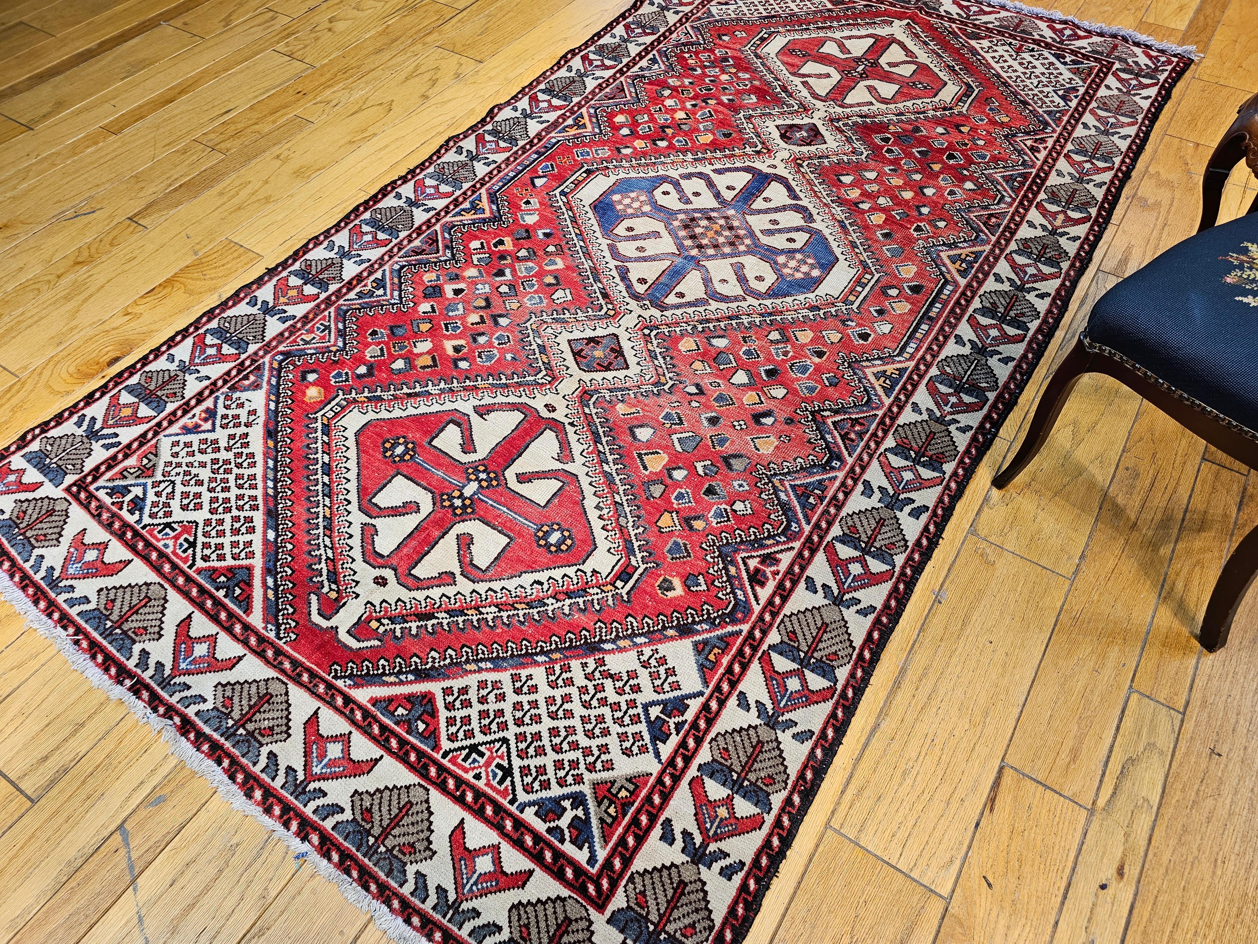 Vintage Persian Shiraz Tribal Area Rug in Red, Ivory, French Blue For Sale 7
