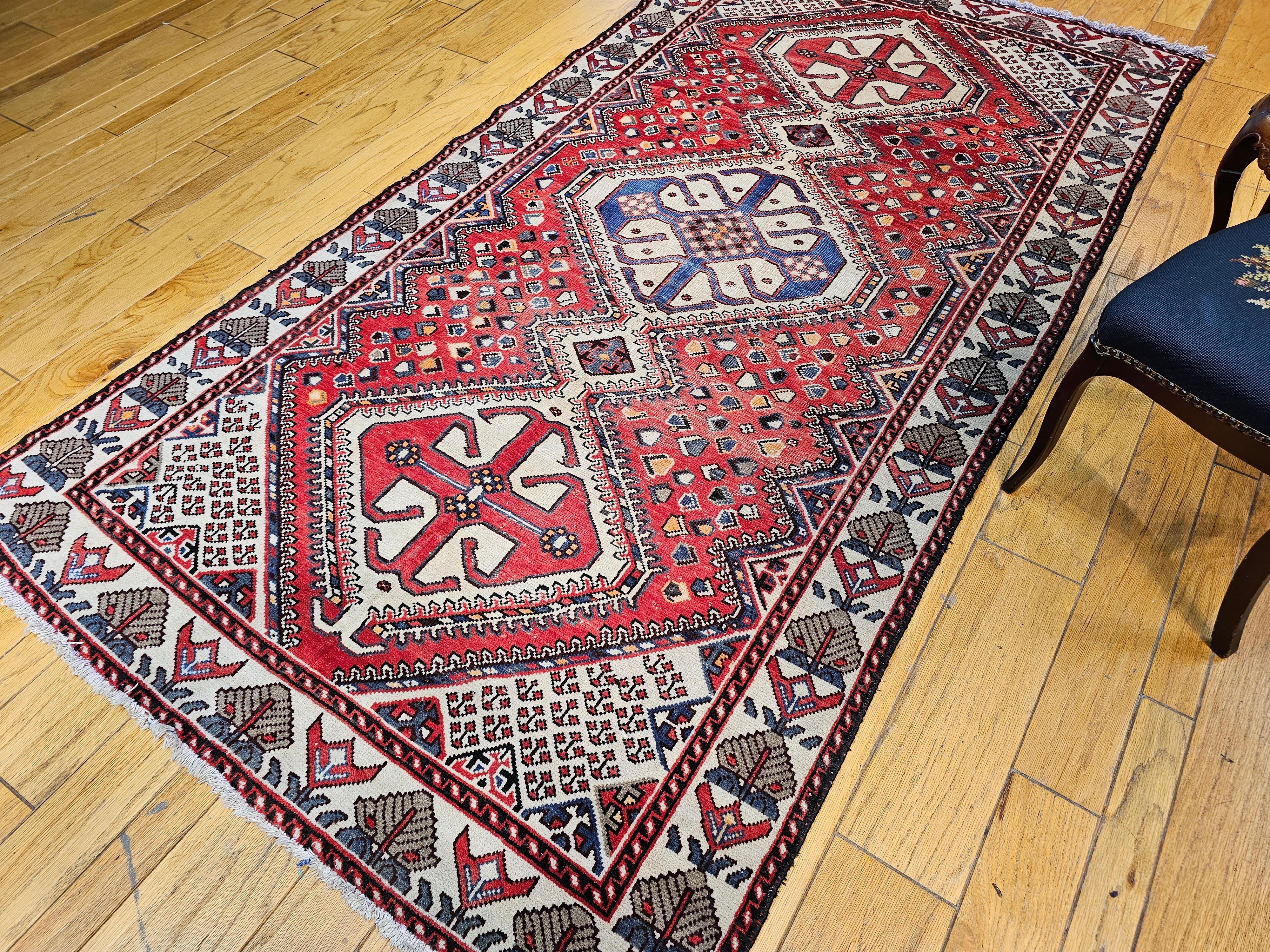 Vintage Persian Shiraz Tribal Area Rug in Red, Ivory, French Blue, Navy For Sale 7