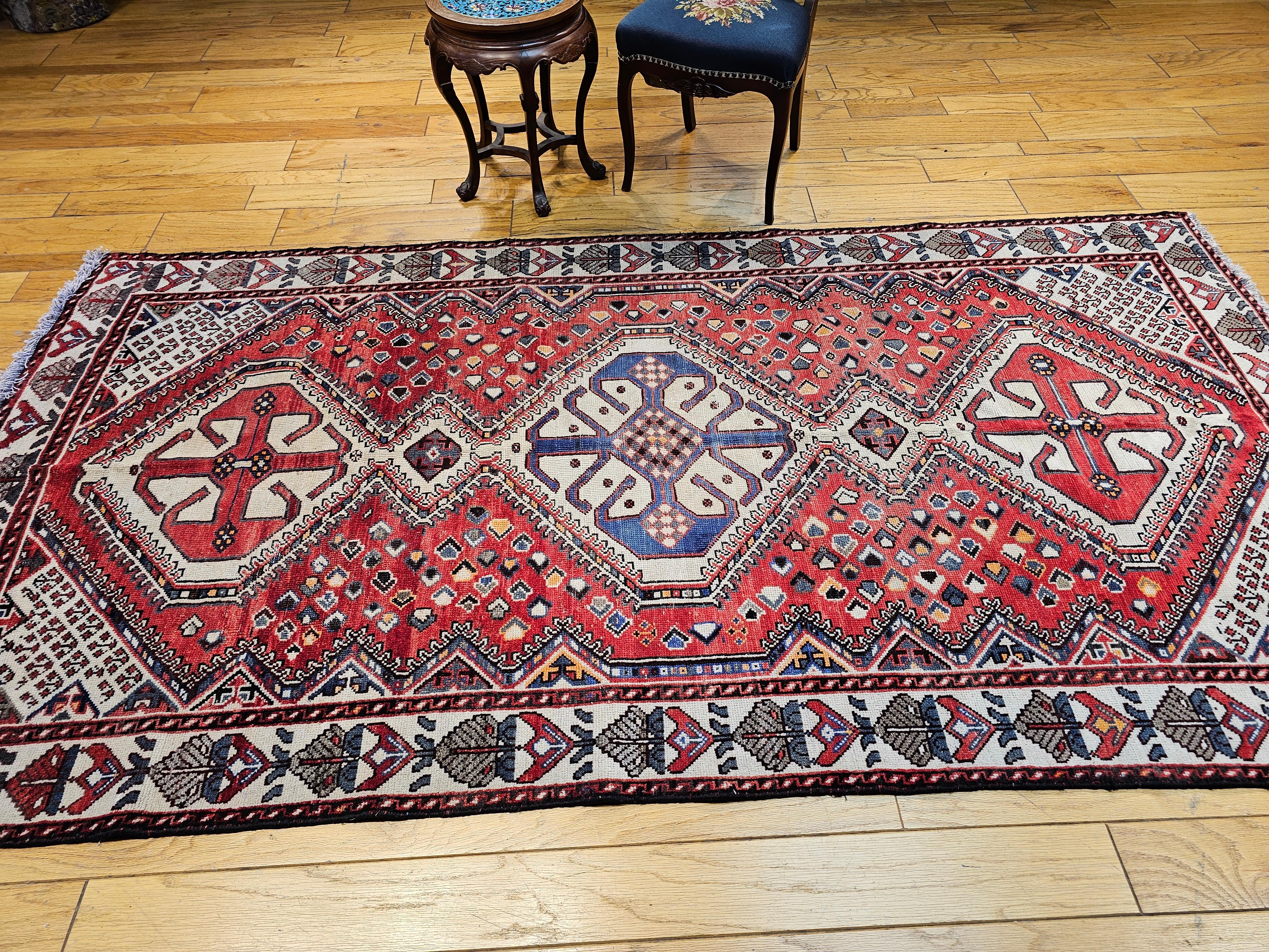 Vintage Persian Shiraz Tribal Area Rug in Red, Ivory, French Blue For Sale 8