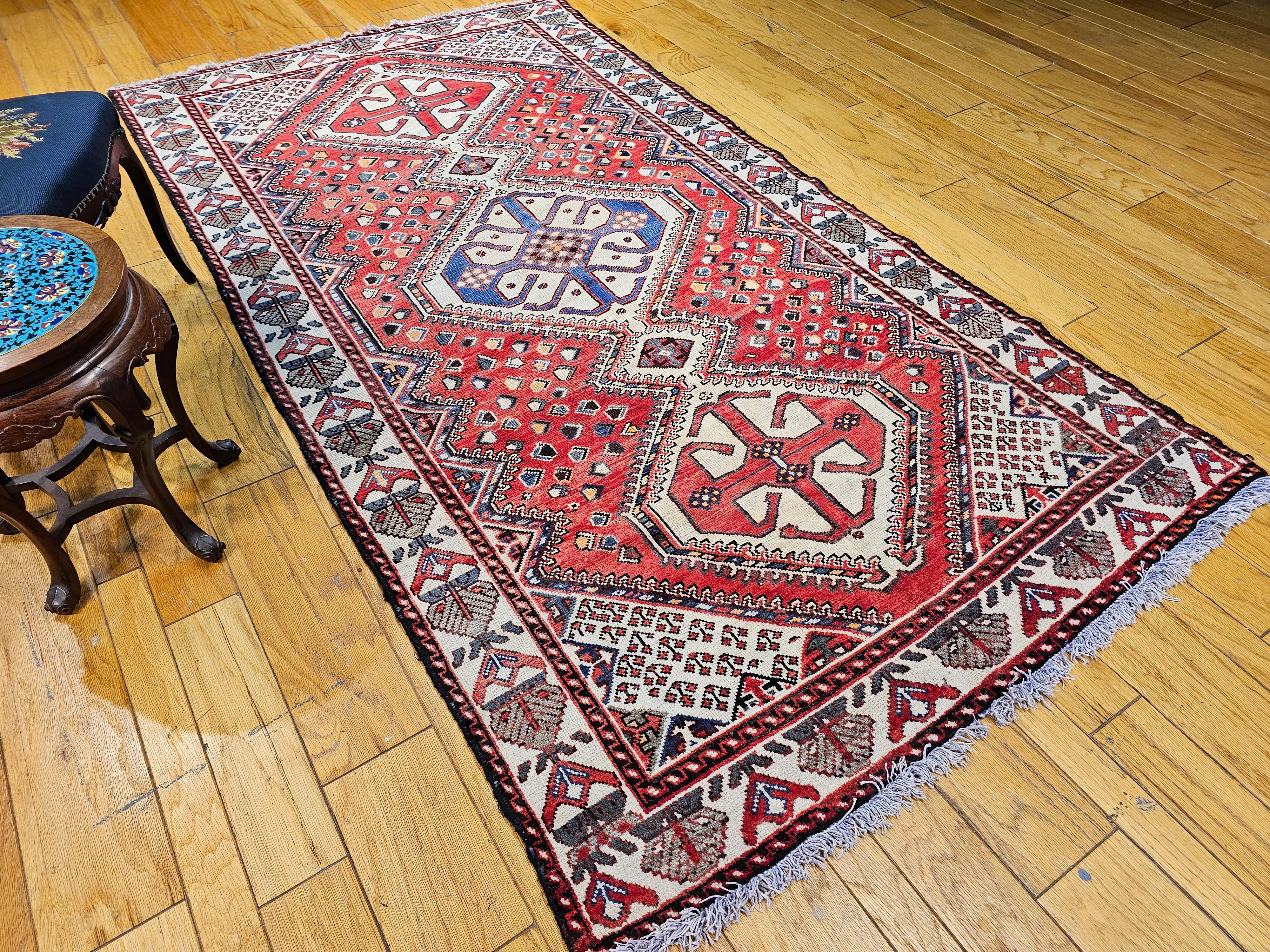 Vintage Persian Shiraz Tribal Area Rug in Red, Ivory, French Blue For Sale 9