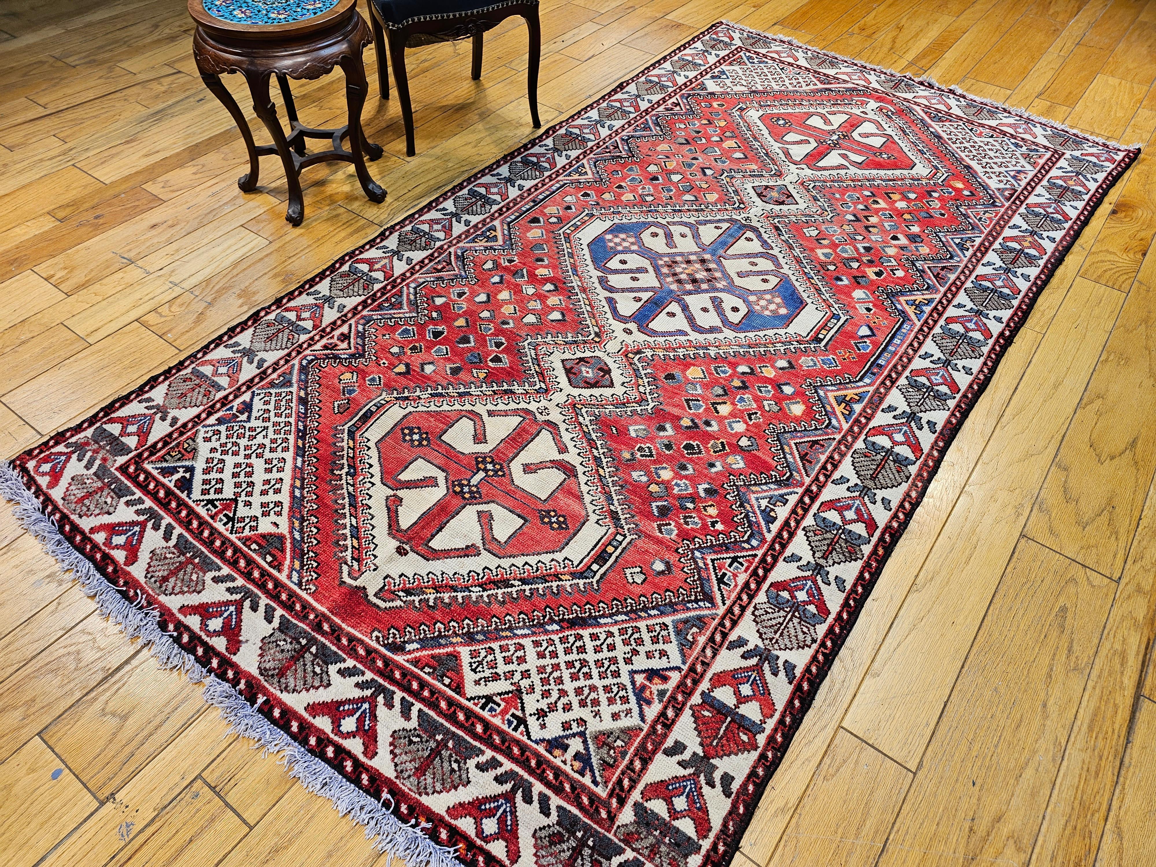 Vintage Persian Shiraz Tribal Area Rug in Red, Ivory, French Blue For Sale 10