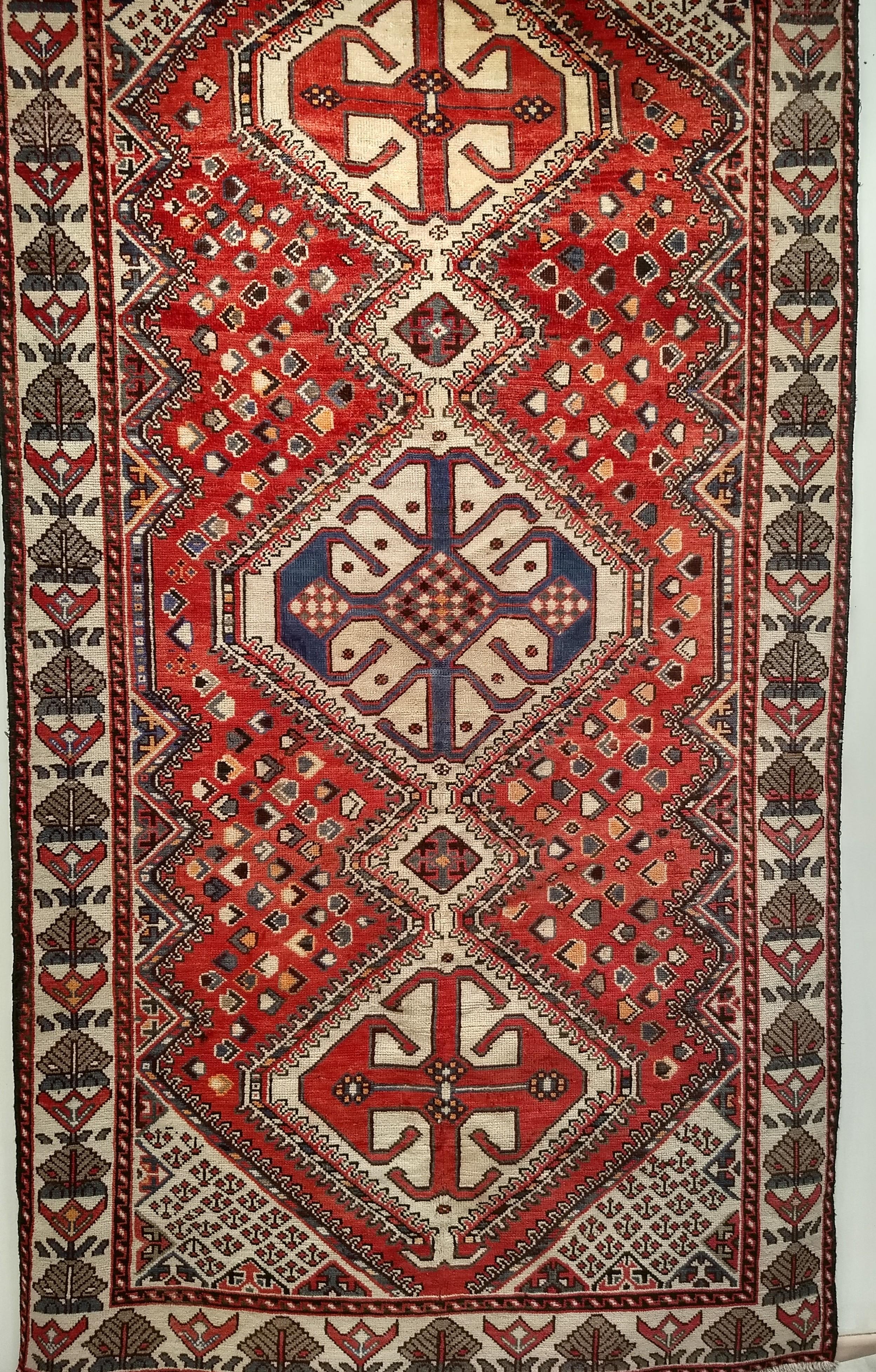 Vintage Persian Shiraz Tribal Area Rug in Red, Ivory, French Blue, Navy In Good Condition For Sale In Barrington, IL