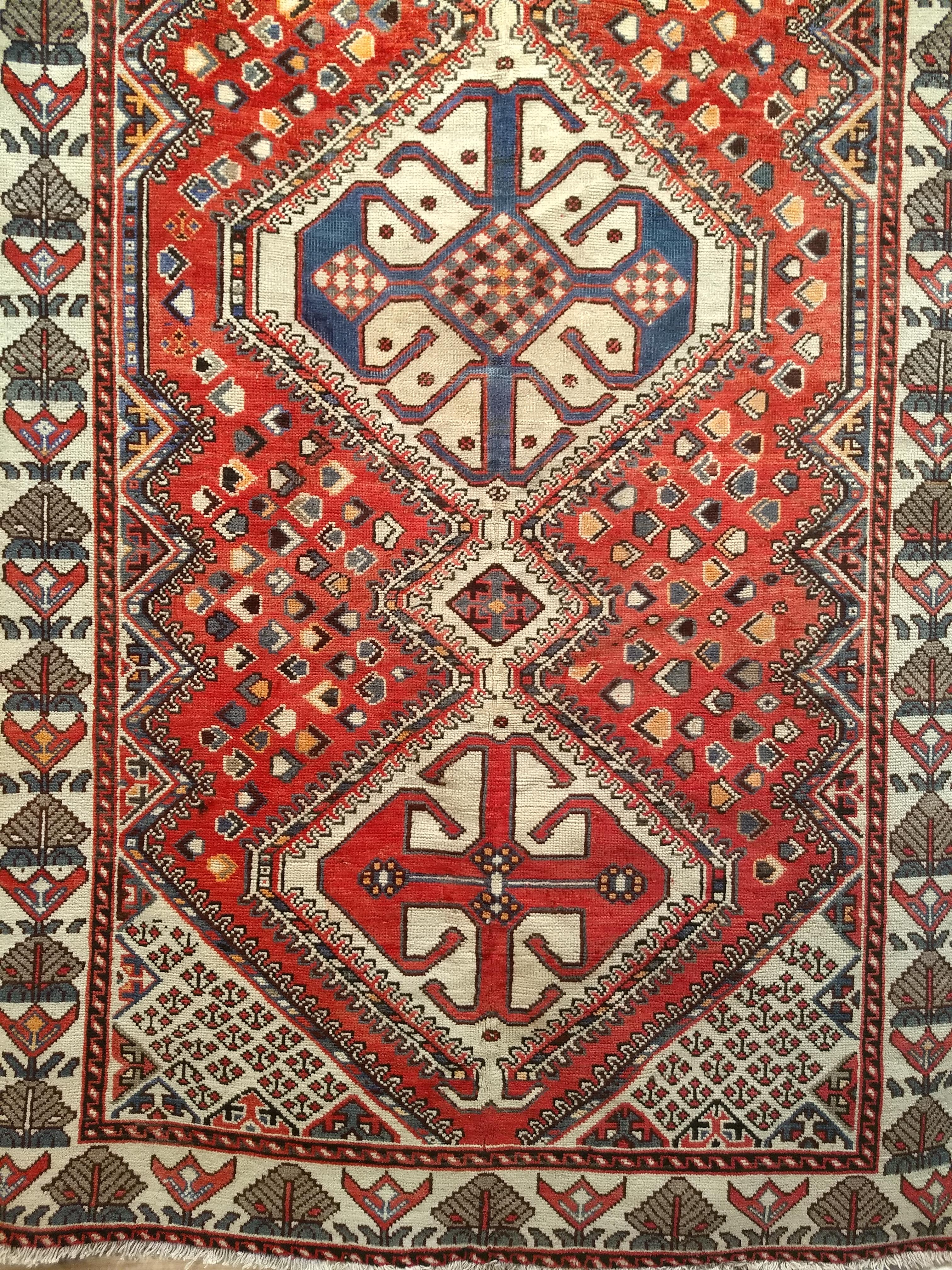 20th Century Vintage Persian Shiraz Tribal Area Rug in Red, Ivory, French Blue For Sale
