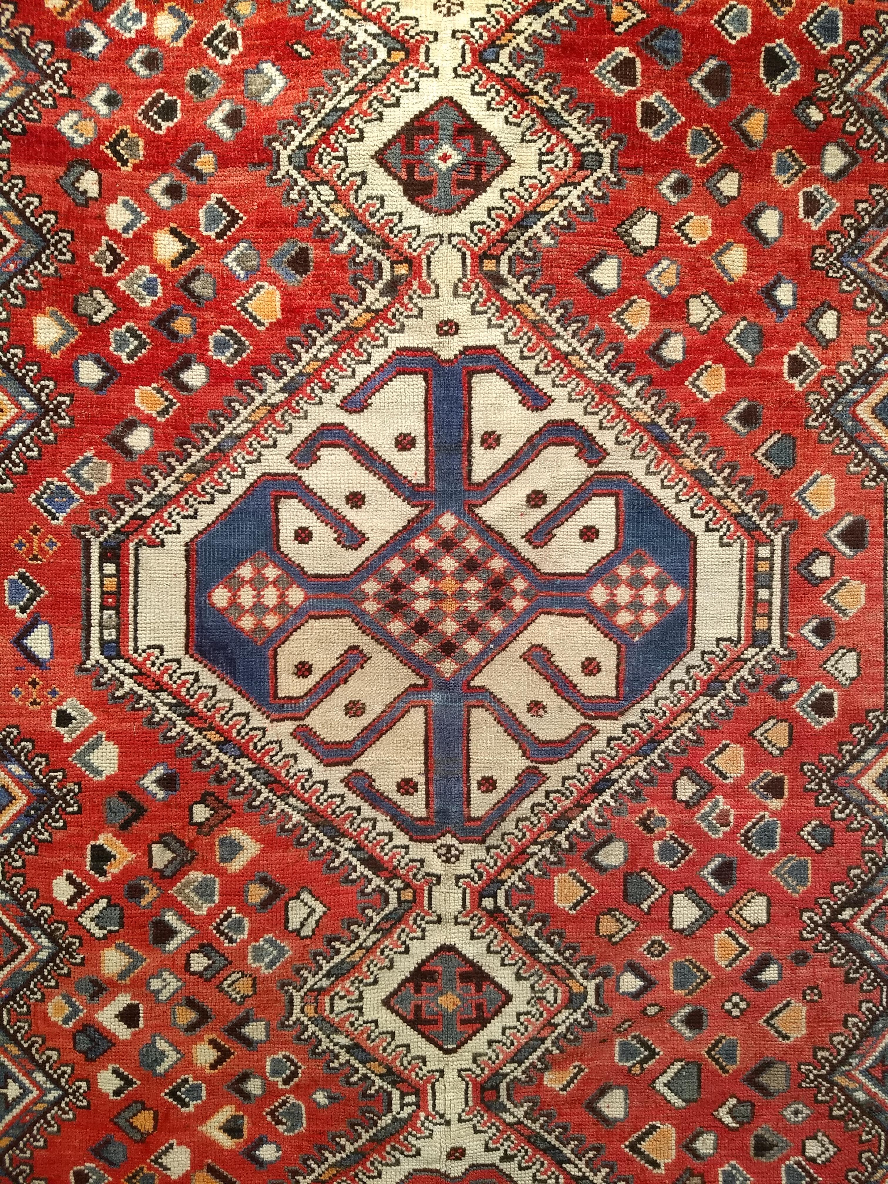 Wool Vintage Persian Shiraz Tribal Area Rug in Red, Ivory, French Blue, Navy For Sale