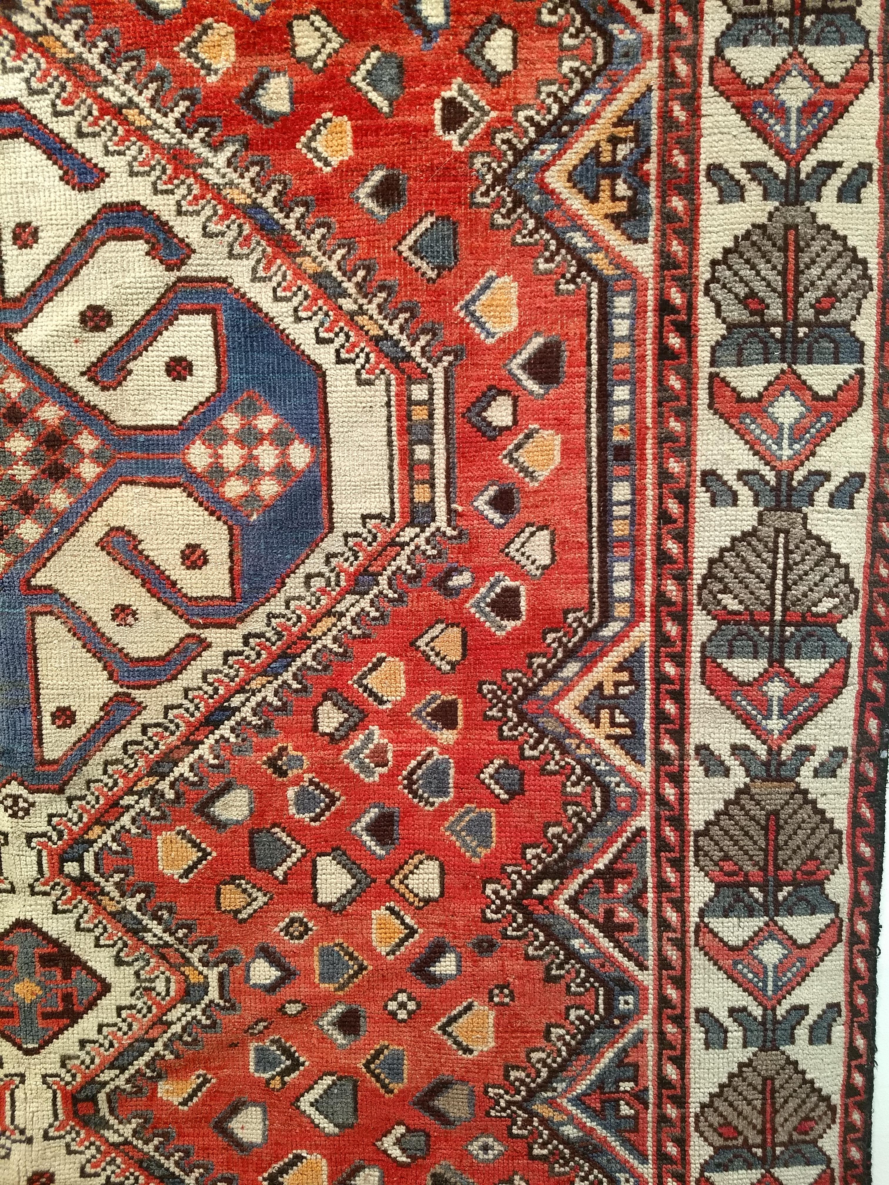 Vintage Persian Shiraz Tribal Area Rug in Red, Ivory, French Blue For Sale 1